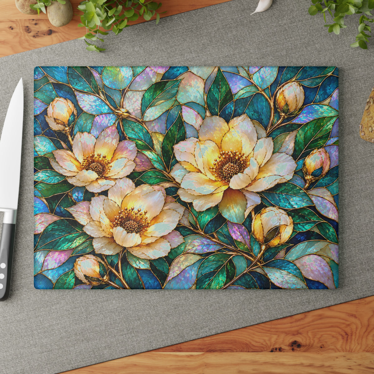 Stained-Glass-Inspired Ivory Magnolia Cutting Board – Golden Cream Blossoms, Iridescent Teal Leaves & Elegant Botanical Kitchen Décor