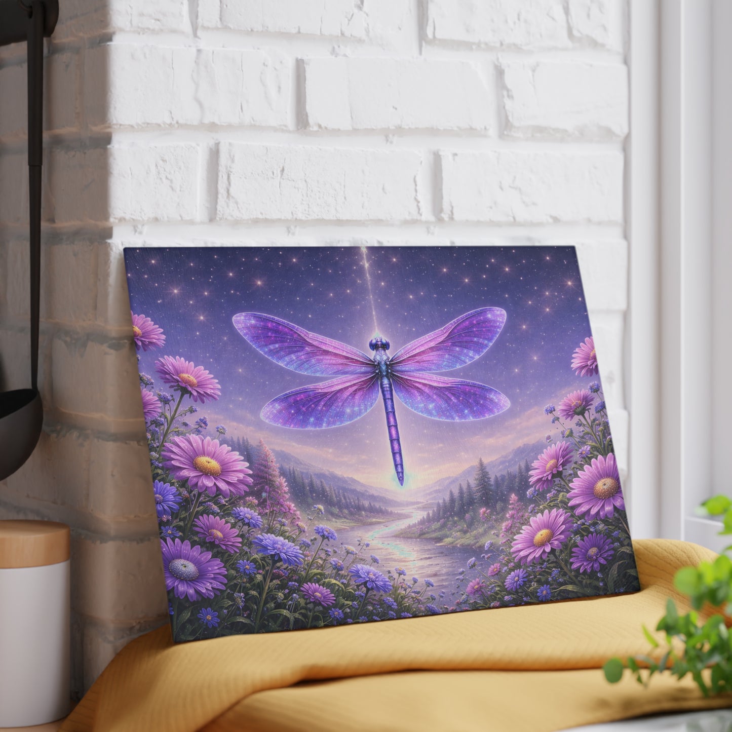 Celestial Dragonfly Glass Cutting Board – Purple Fantasy Floral Night Sky Kitchen Display