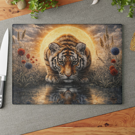 Tiger at Golden Sunset Glass Cutting Board – Majestic Wildlife Reflection Artwork