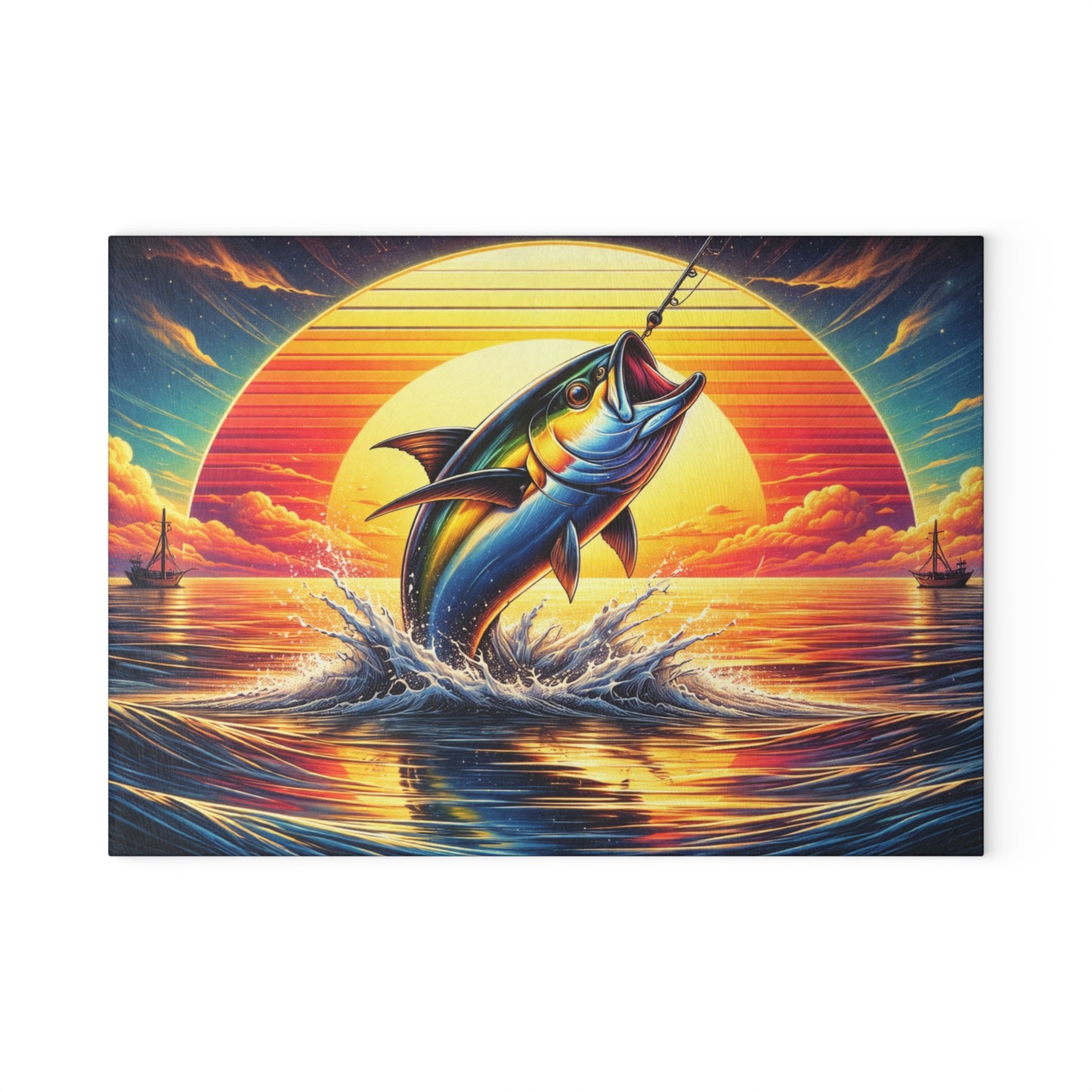 Retro Sunset Fishing Glass Cutting Board – Vibrant Ocean Angler Kitchen Art