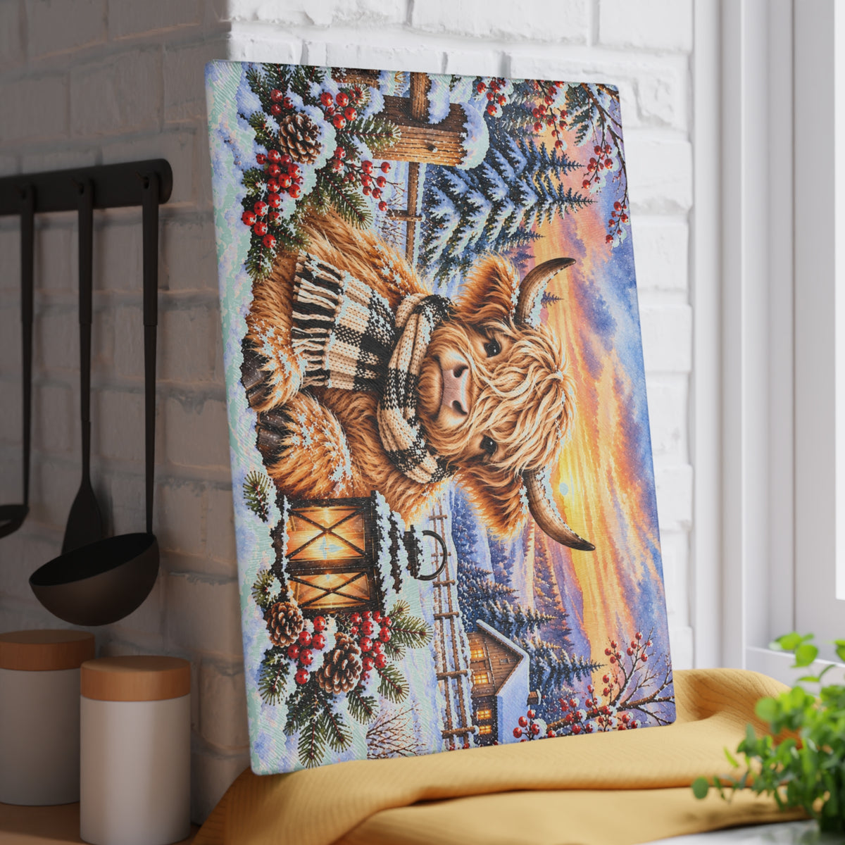 Winter Highland Cow Tempered Glass Cutting Board – Cozy Plaid Scarf Snowy Farmhouse Art – 11 × 15 Inches