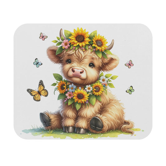 🖱️🌻🦋🐮 Highland Calf Sunflower Garland Mouse Pad – Bright Country Sweetness for Your Desk