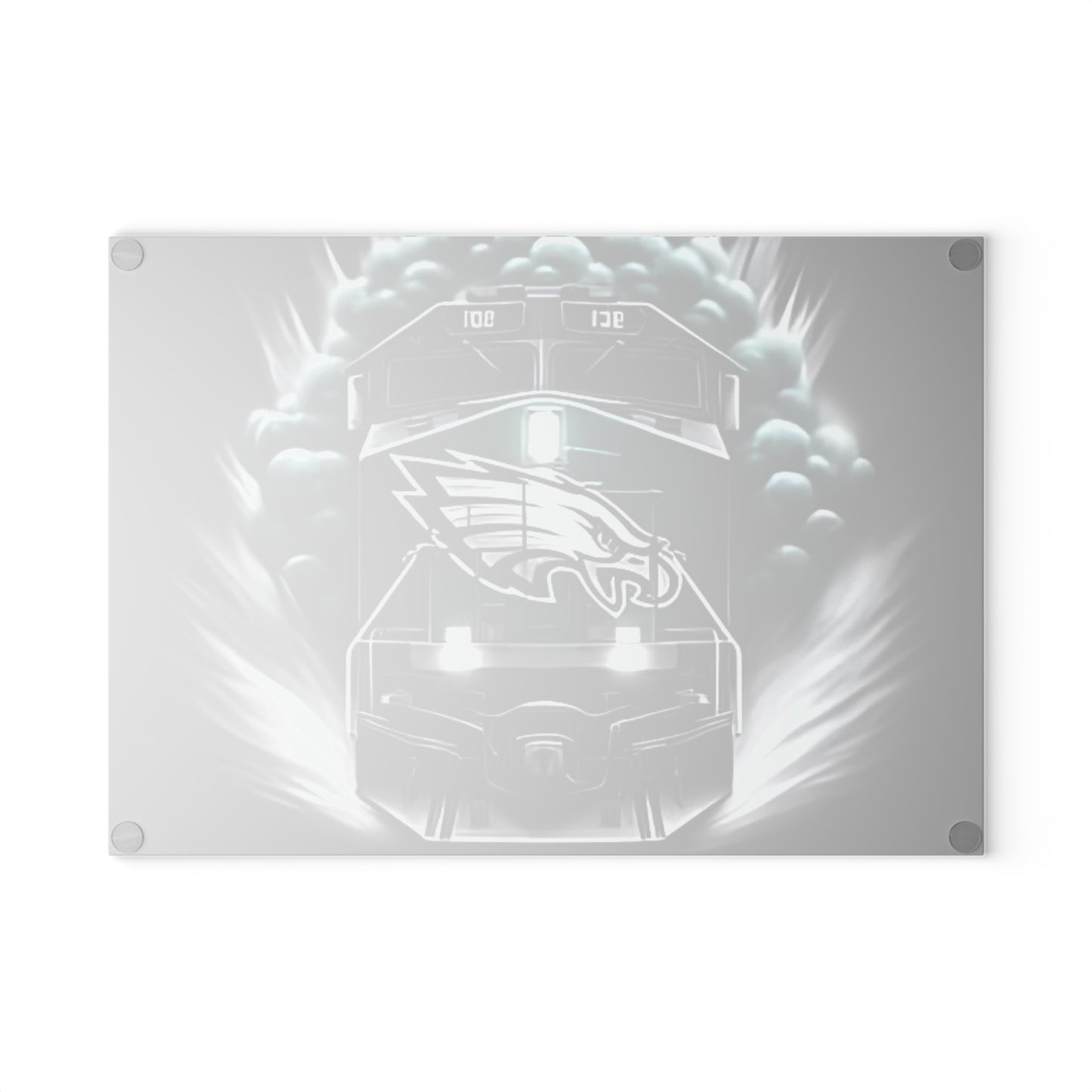 Dark Green & Silver Express Glass Cutting Board – Gritty Train Art for Bold & Timeless Kitchens