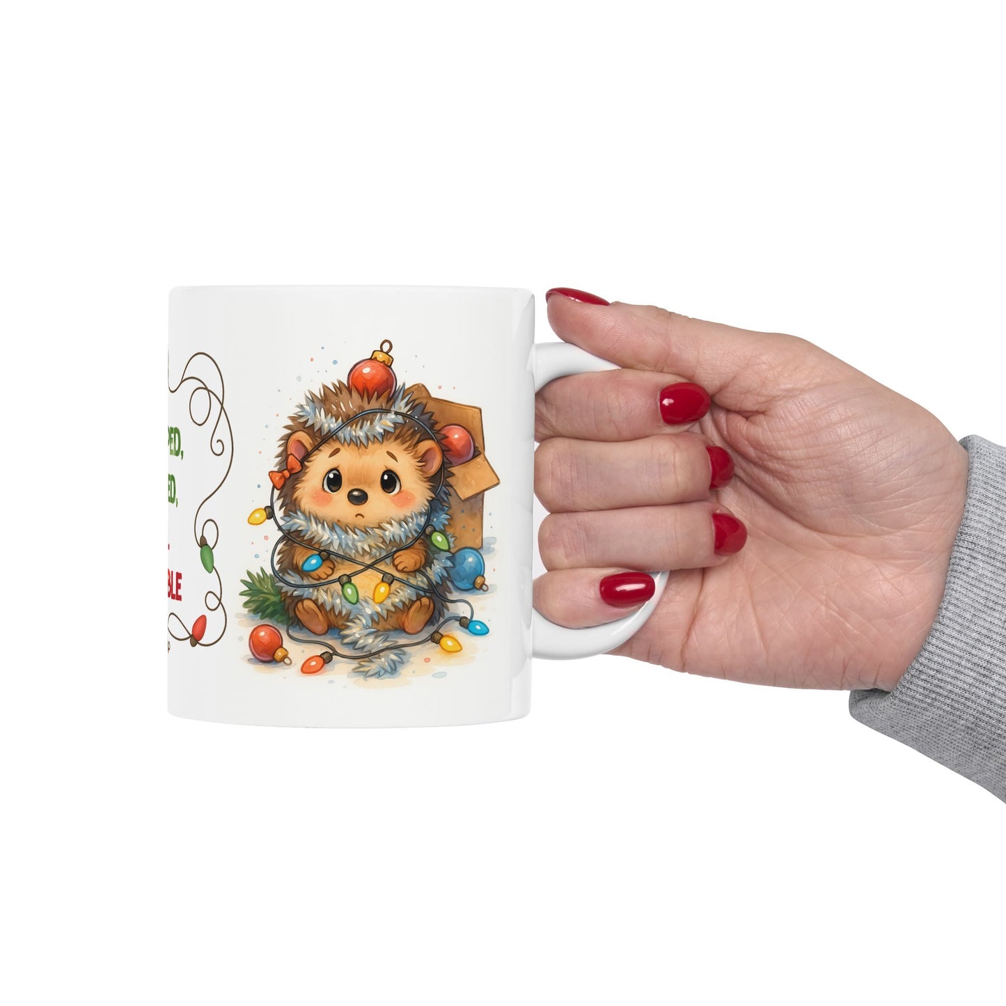 🦔🎄 Wrapped, Tangled, Still Adorable Hedgehog Mug – Cute Christmas Coffee Cup ✨☕