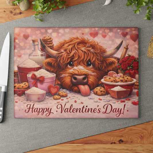 Valentine Highland Cow Baking Glass Cutting Board – Sweet Farmhouse Love Kitchen Decor