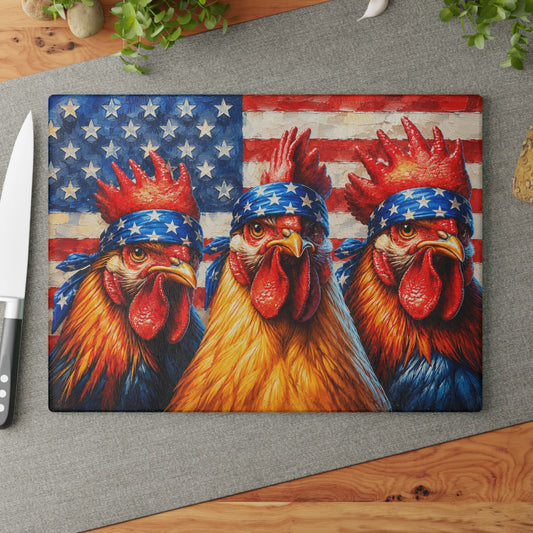 Patriotic Rooster Bandana Glass Cutting Board – Bold Farmhouse Americana Kitchen Décor