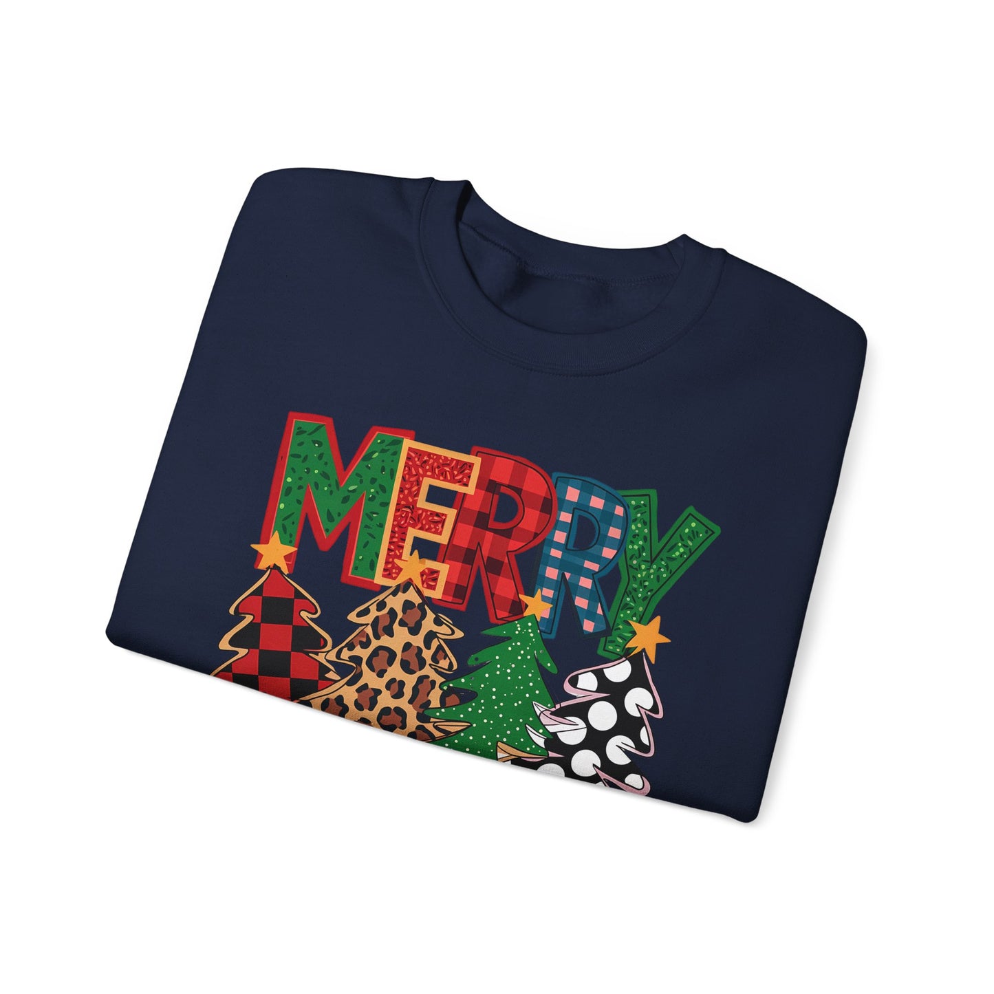🎄✨ Merry Christmas Trees Sweatshirt – Bold Patterns & Festive Cheer