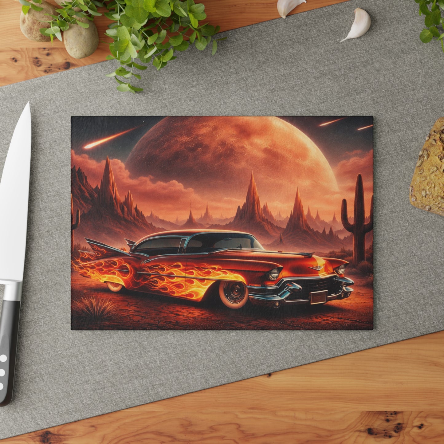Inferno Desert Drive Glass Cutting Board – Flaming Classic Car Under Cosmic Desert Moon