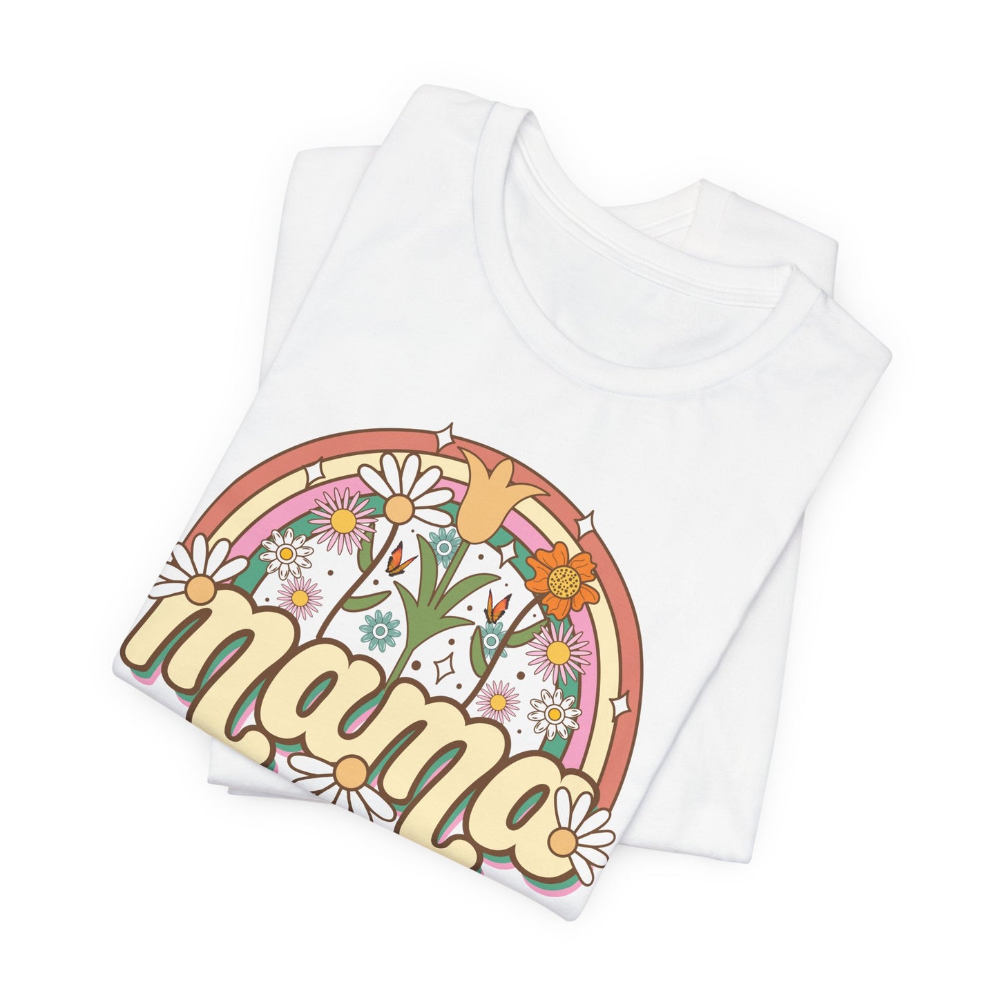 🌼🌈 Retro Floral Mama T-Shirt – Boho Rainbow Graphic Tee for Moms 🌻✨