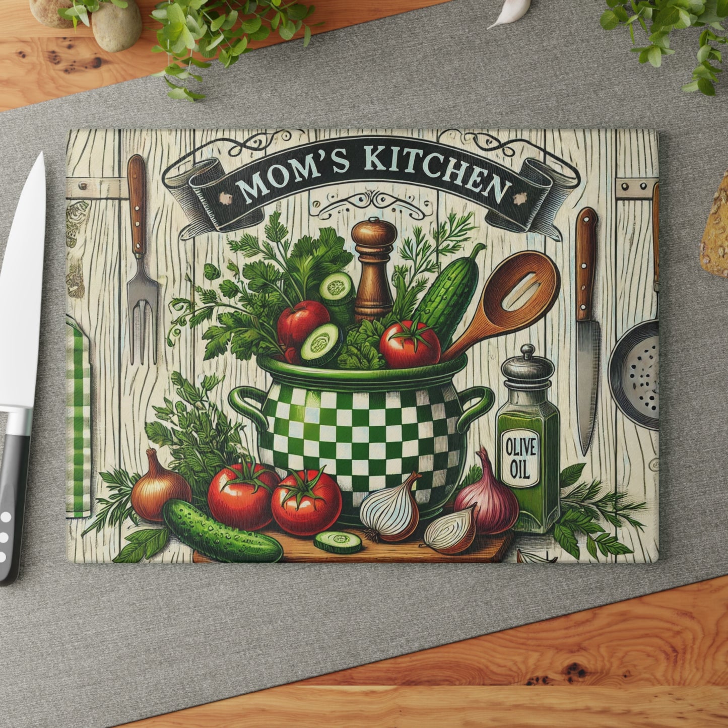 Tabla de cortar de vidrio “Cocina de mamá”: decoración cálida y saludable para cocinar 🌿🍴