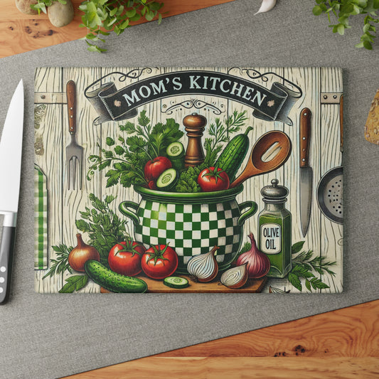 🍲❤️ “Mom’s Kitchen” Glass Cutting Board – Warm & Wholesome Cooking Decor 🌿🍴