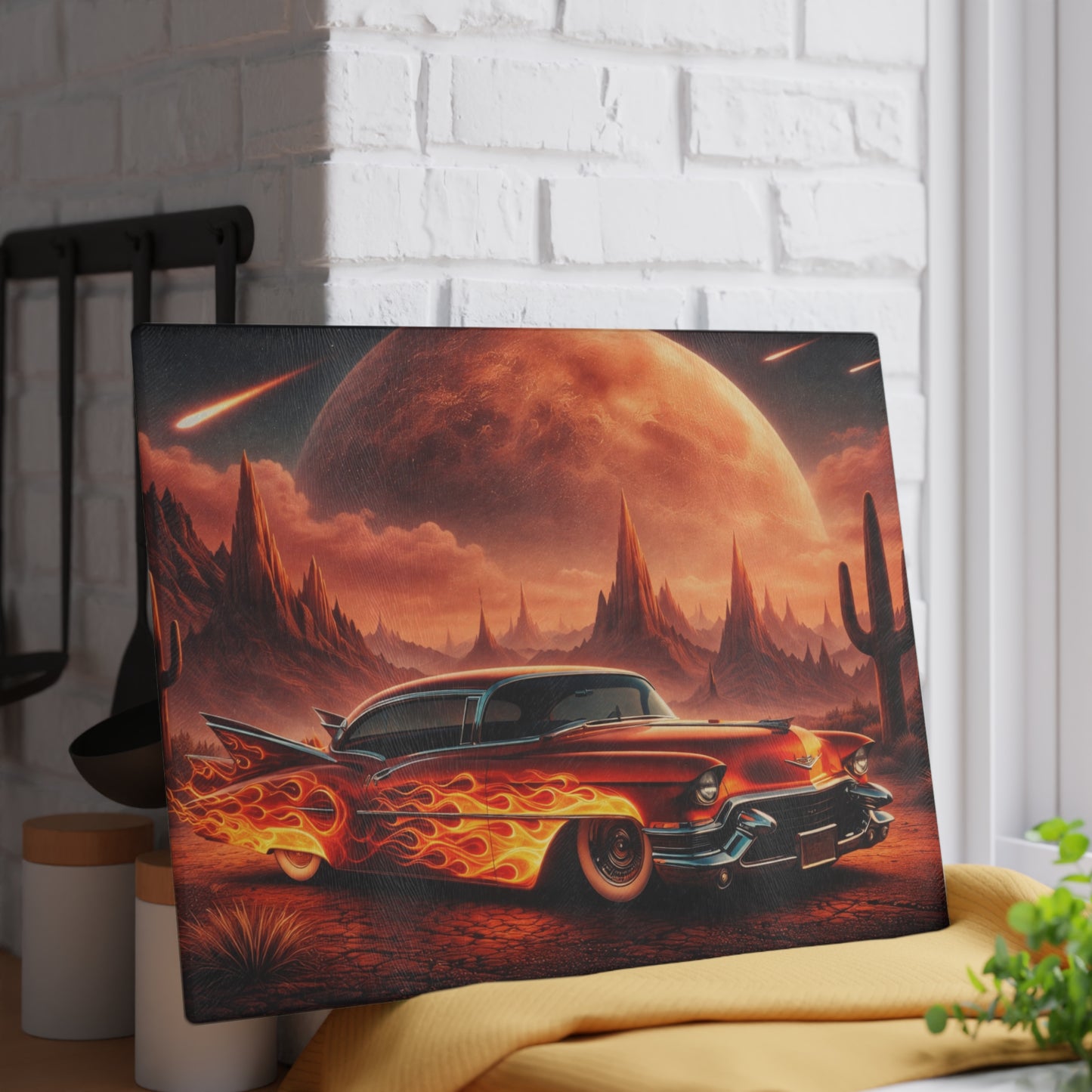 Inferno Desert Drive Glass Cutting Board – Flaming Classic Car Under Cosmic Desert Moon
