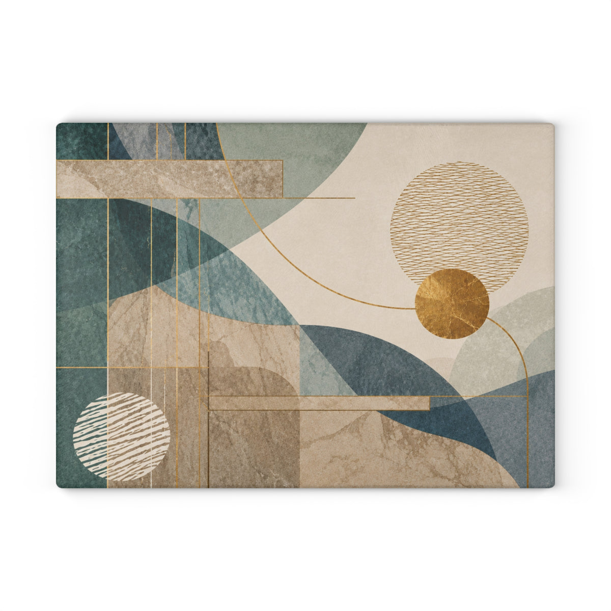 Modern Abstract Geometric Glass Cutting Board – Teal Beige & Gold Contemporary Kitchen Decor