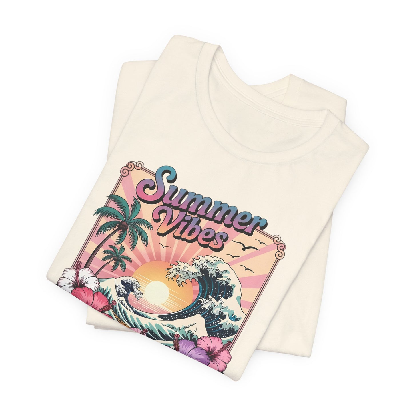 ☀️ Camiseta Summer Vibes – Ola playera vibrante, hibisco y palmeras | Camiseta gráfica para mujer