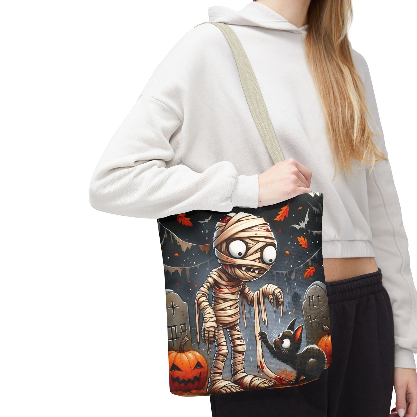 🎃 Mummy & Black Cat Halloween Tote Bag – Spooky Cute & Perfect for Trick-or-Treating 🖤🛍️