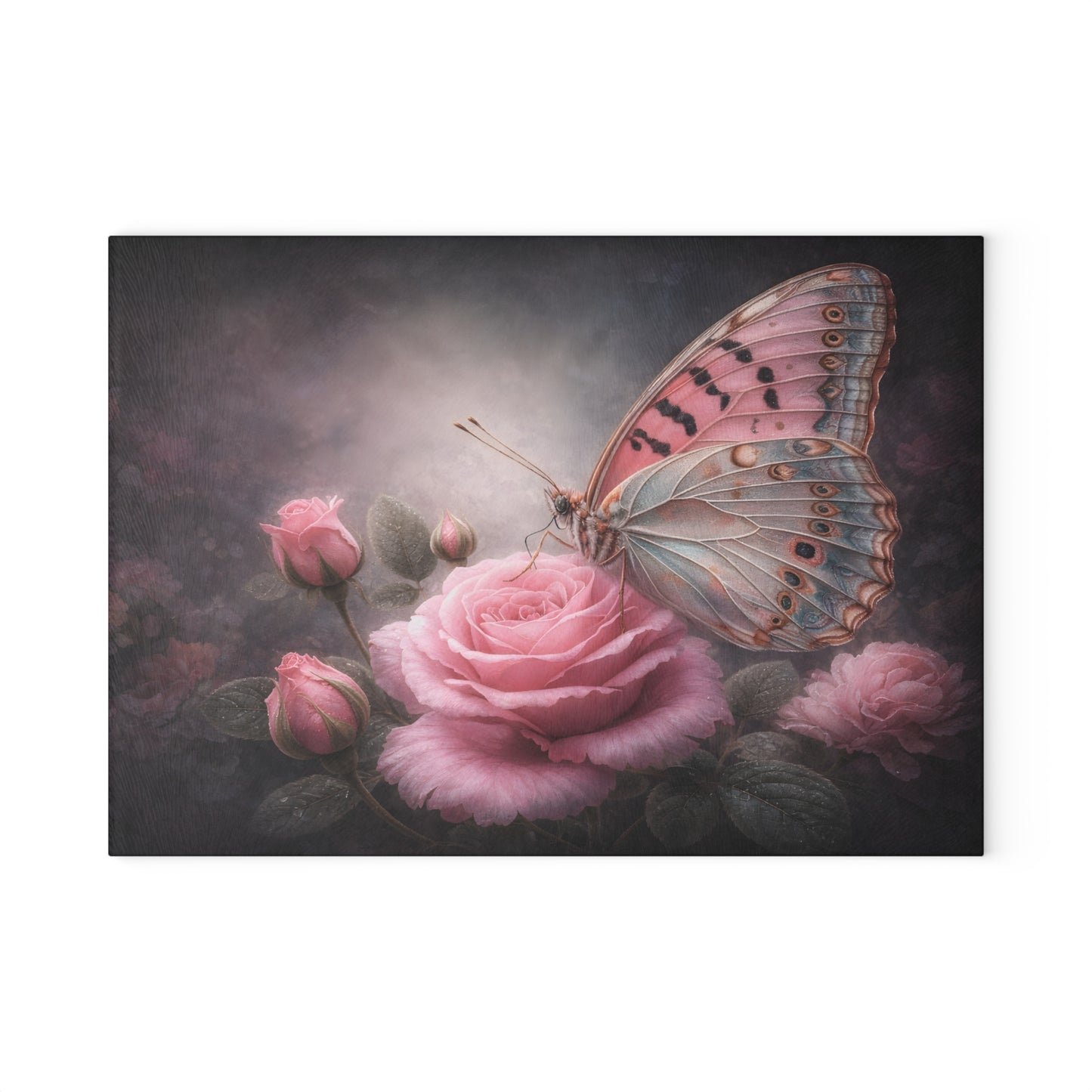 Blush Butterfly & Rose Glass Cutting Board – Elegant Floral Butterfly Kitchen Art