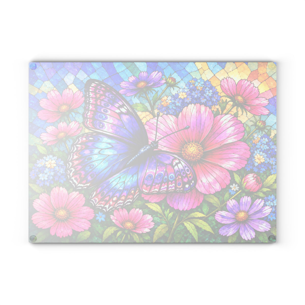 Colorful Butterfly & Wildflowers Stained-Glass-Inspired Glass Cutting Board