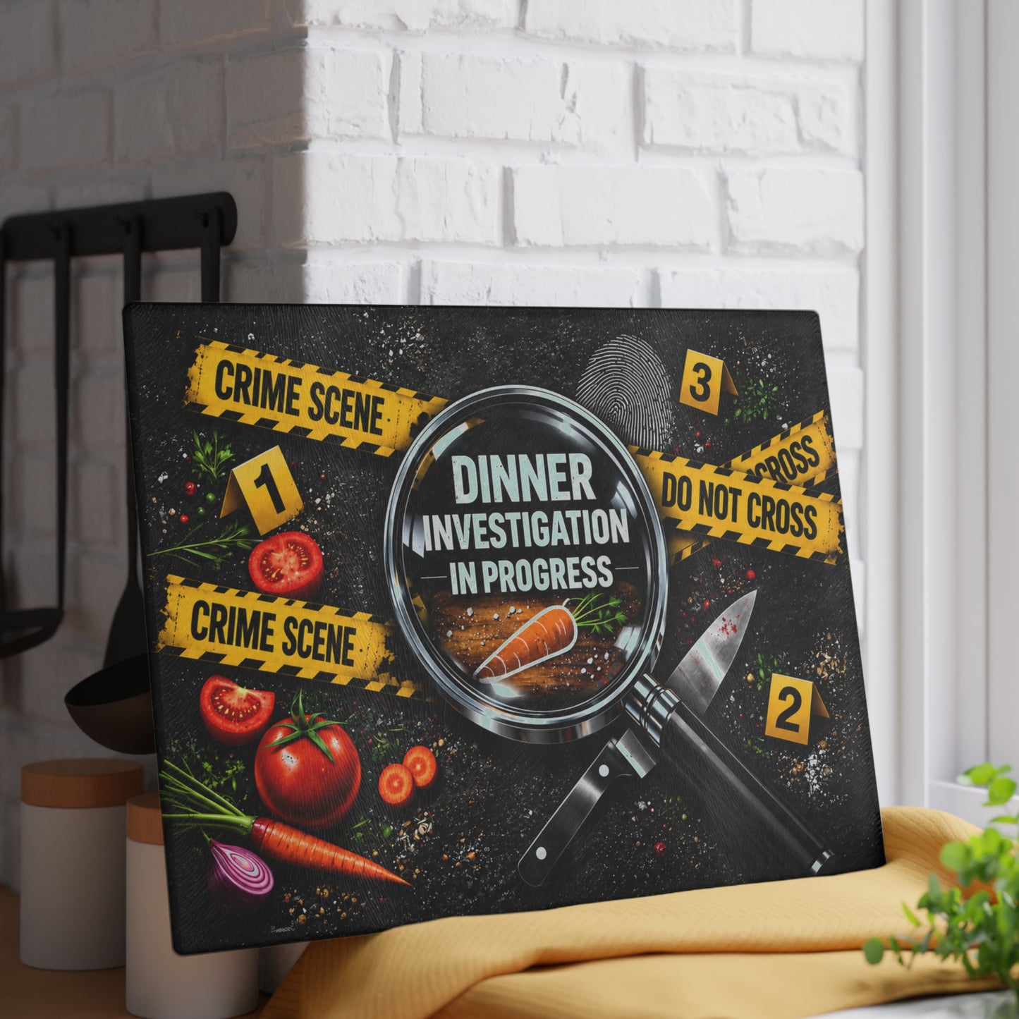 Dinner Investigation in Progress Glass Cutting Board – Funny Crime Scene Kitchen Decor