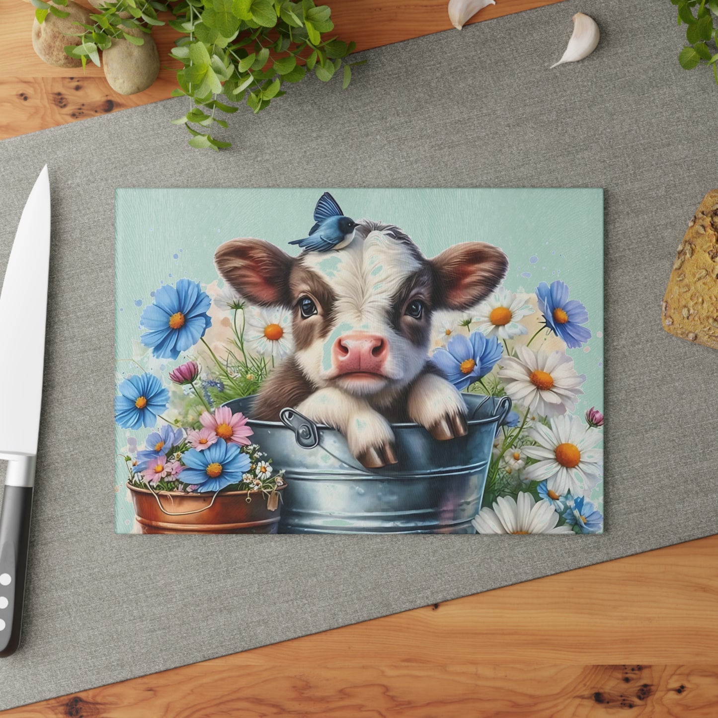 🐮 Baby Cow in Bucket with Blue Daisies Cutting Board – Farmhouse Charm for Your Kitchen 🌼