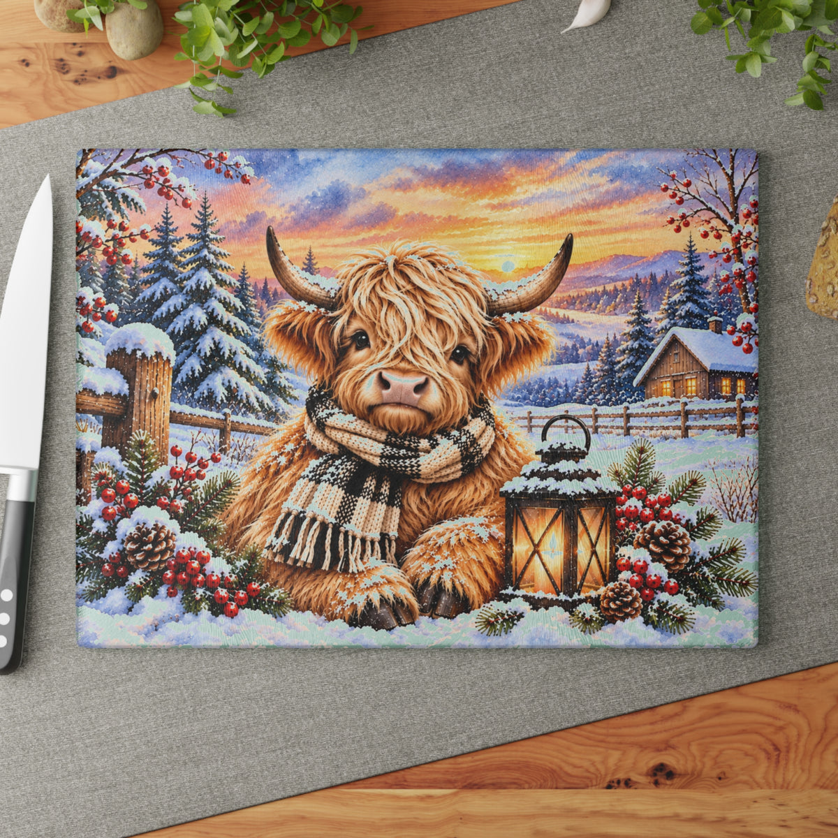 Winter Highland Cow Tempered Glass Cutting Board – Cozy Plaid Scarf Snowy Farmhouse Art – 11 × 15 Inches
