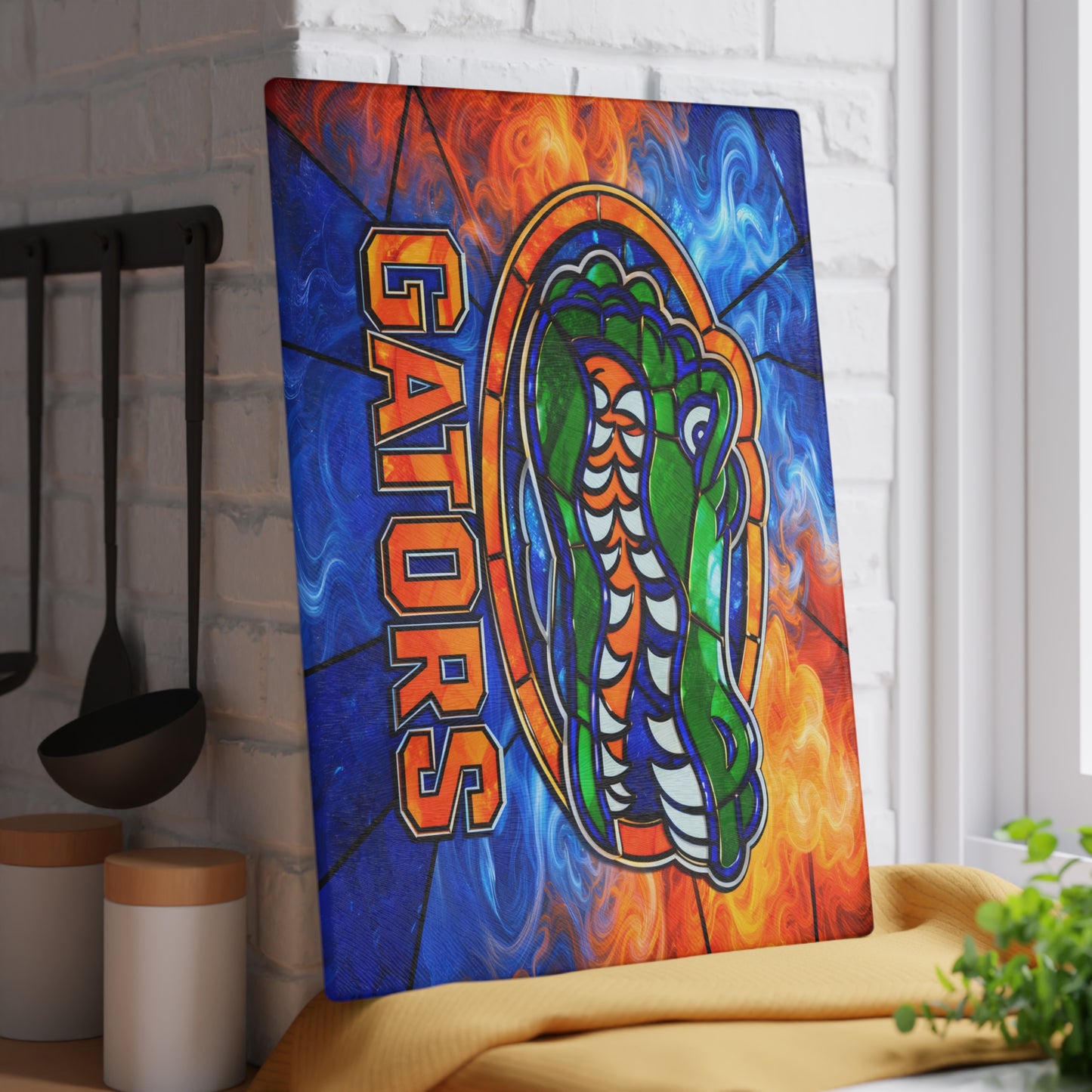 Stained Glass Reptile Glass Cutting Board – Bold Flame & Water Art Kitchen Decor