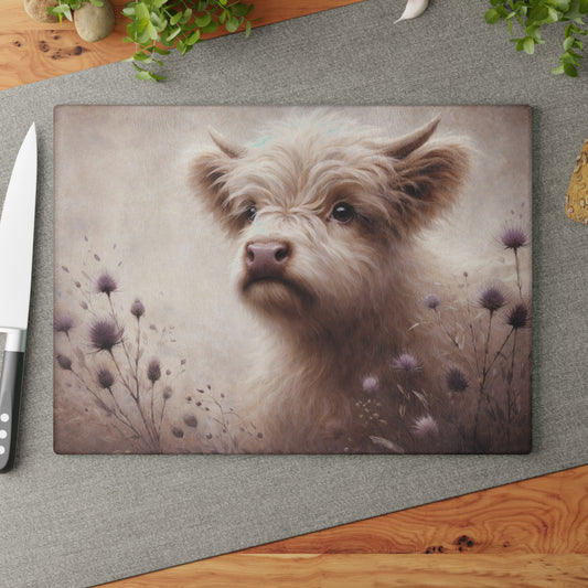 Gentle Highland Calf Glass Cutting Board – Soft Farmhouse Kitchen Art with Floral Accents