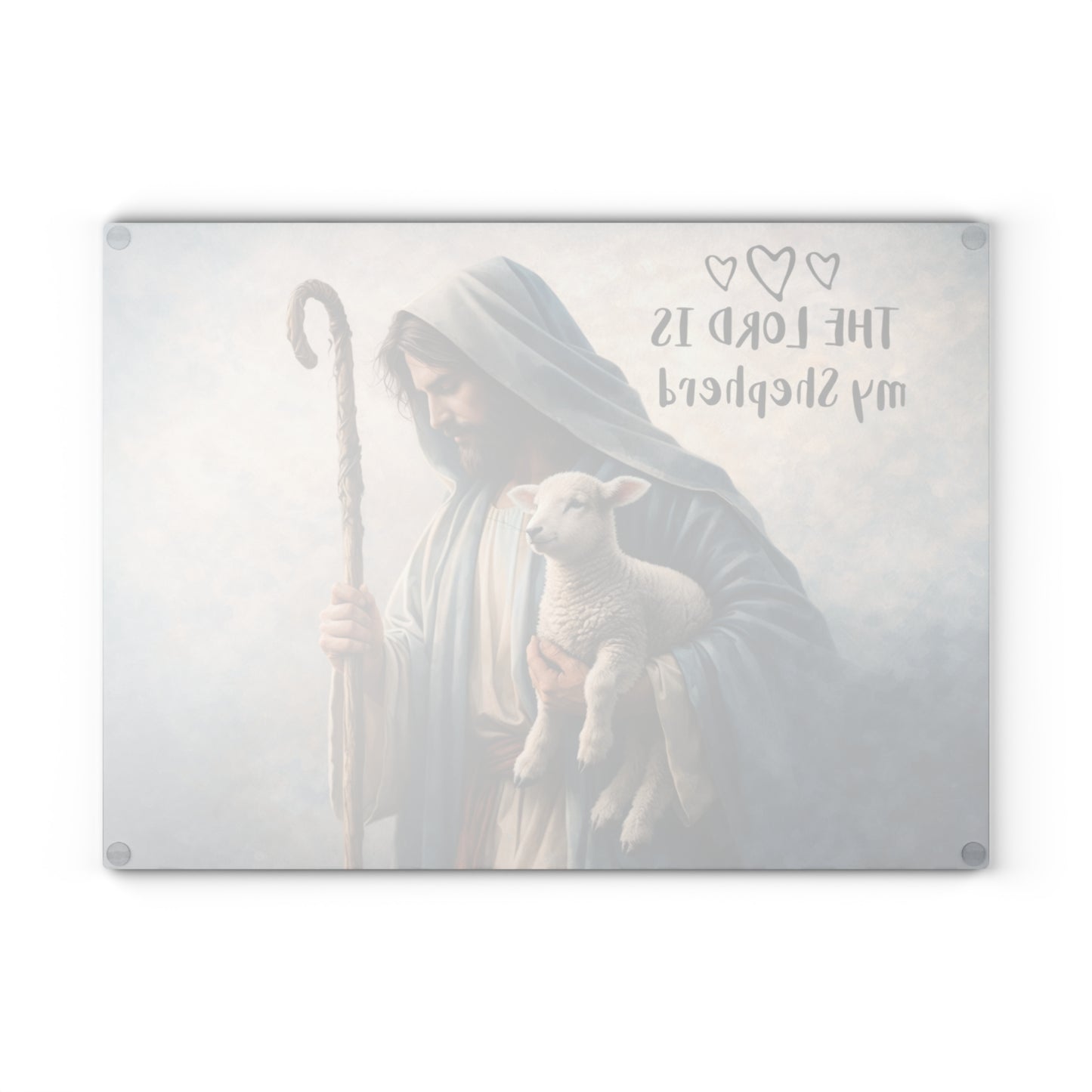 The Lord Is My Shepherd Glass Cutting Board – Faith-Inspired Lamb & Shepherd Artwork