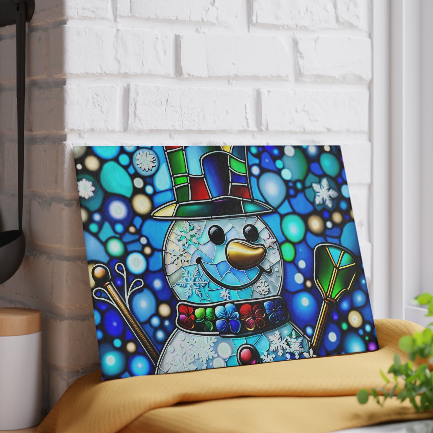 ☃️ Stained Glass-Style Snowman Cutting Board – Festive Elegance for Your Holiday Kitchen ❄️