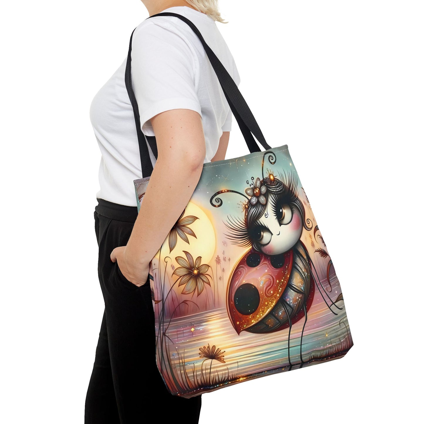 🐞 Mariquita sobre una flor junto al lago – Bolsa de tela inspirada en la naturaleza