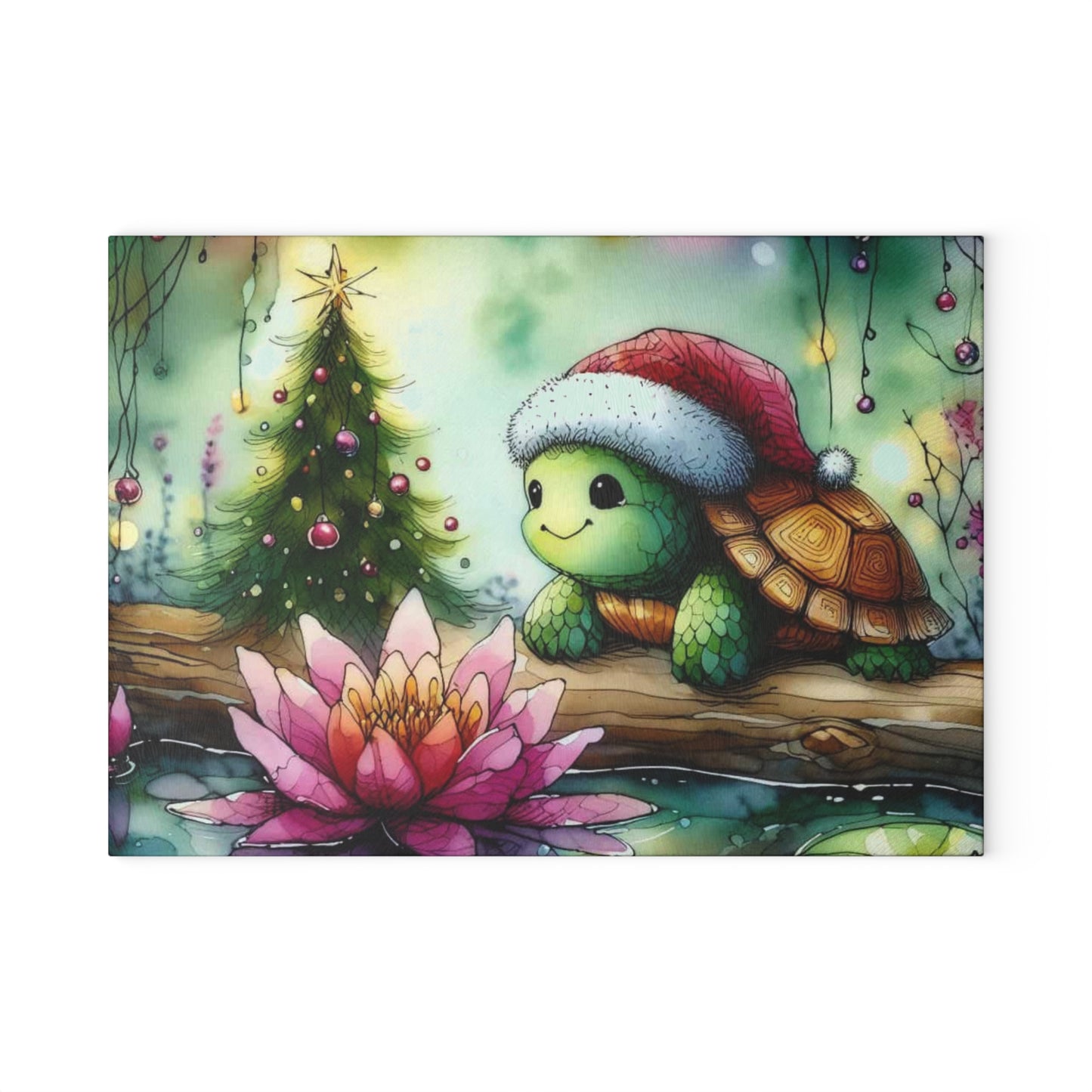 🐢🎄 Merry Little Turtle – Christmas Lotus Tempered Glass Cutting Board