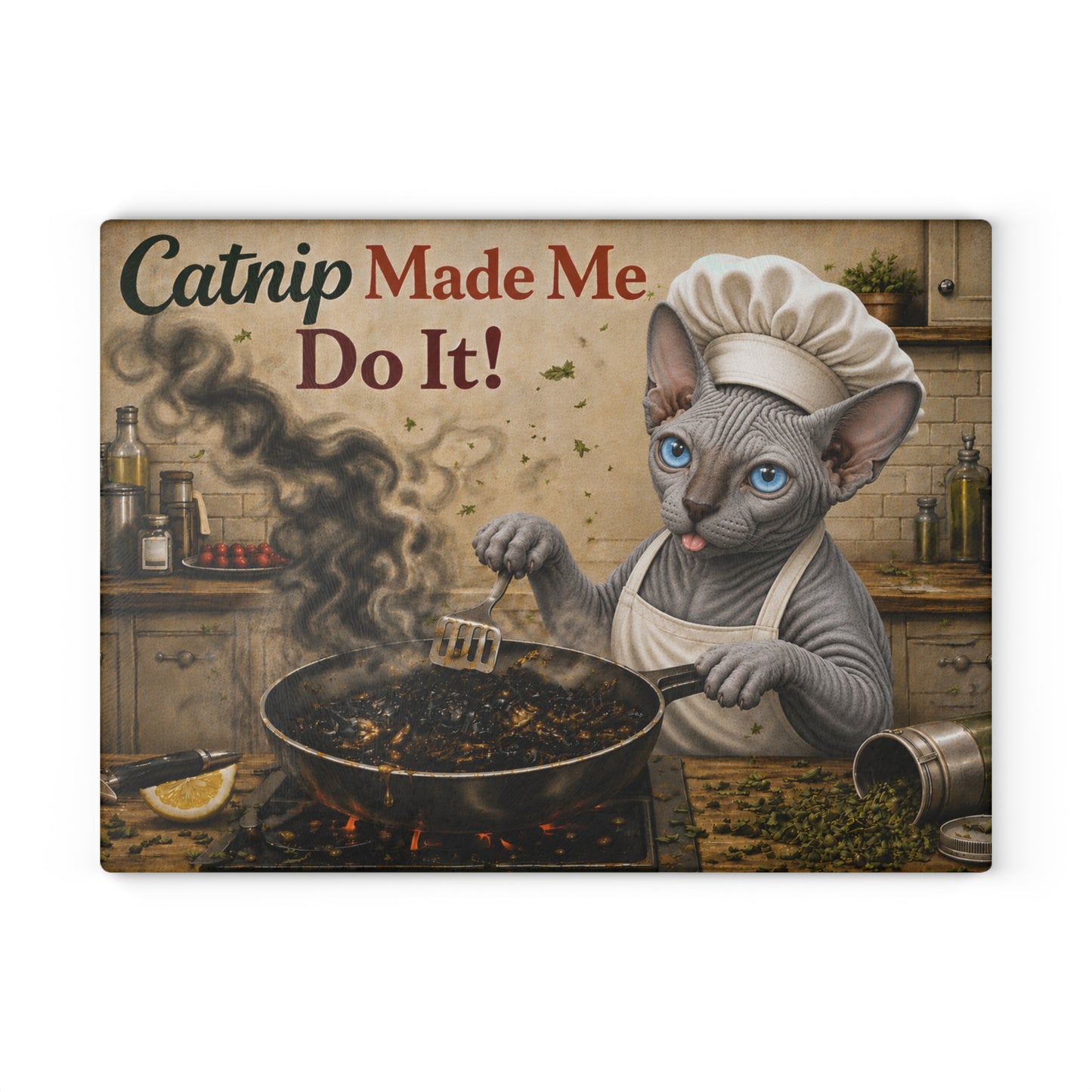 Catnip Made Me Do It! Funny Sphynx Cat Glass Cutting Board – Hilarious Cat Kitchen Decor