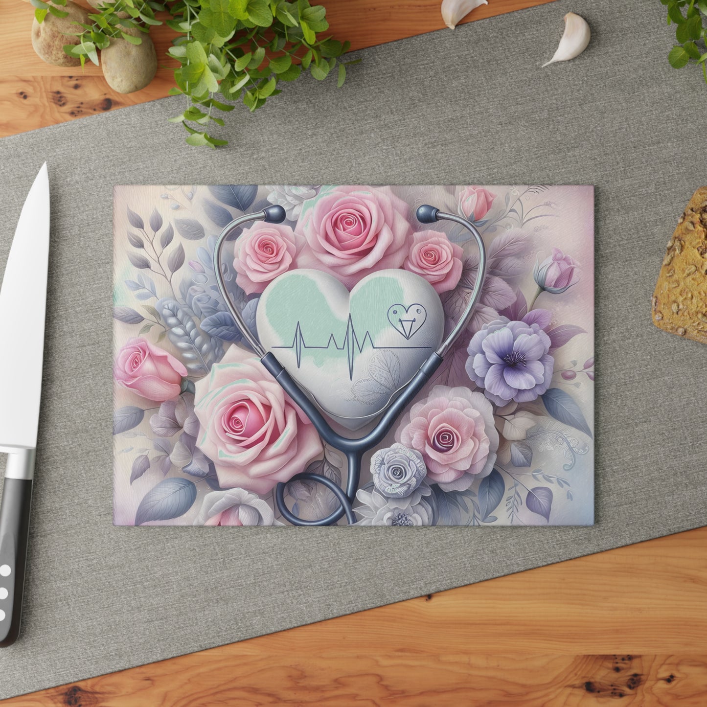 🩺 Nurse Heartbeat Floral Cutting Board – Elegant Medical-Inspired Kitchen Décor 🌸