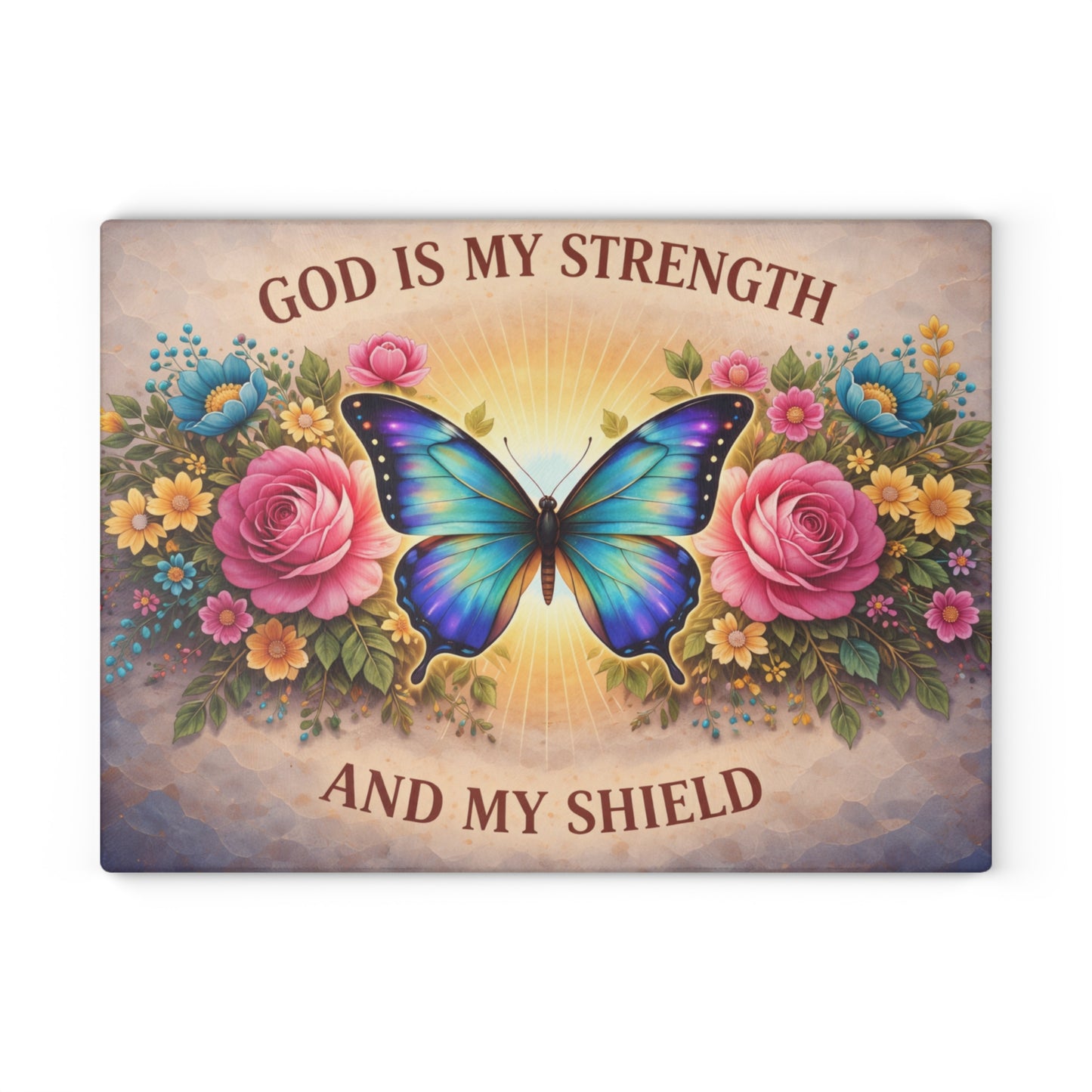 God Is My Strength Glass Cutting Board – Faith Butterfly Floral Christian Kitchen Display