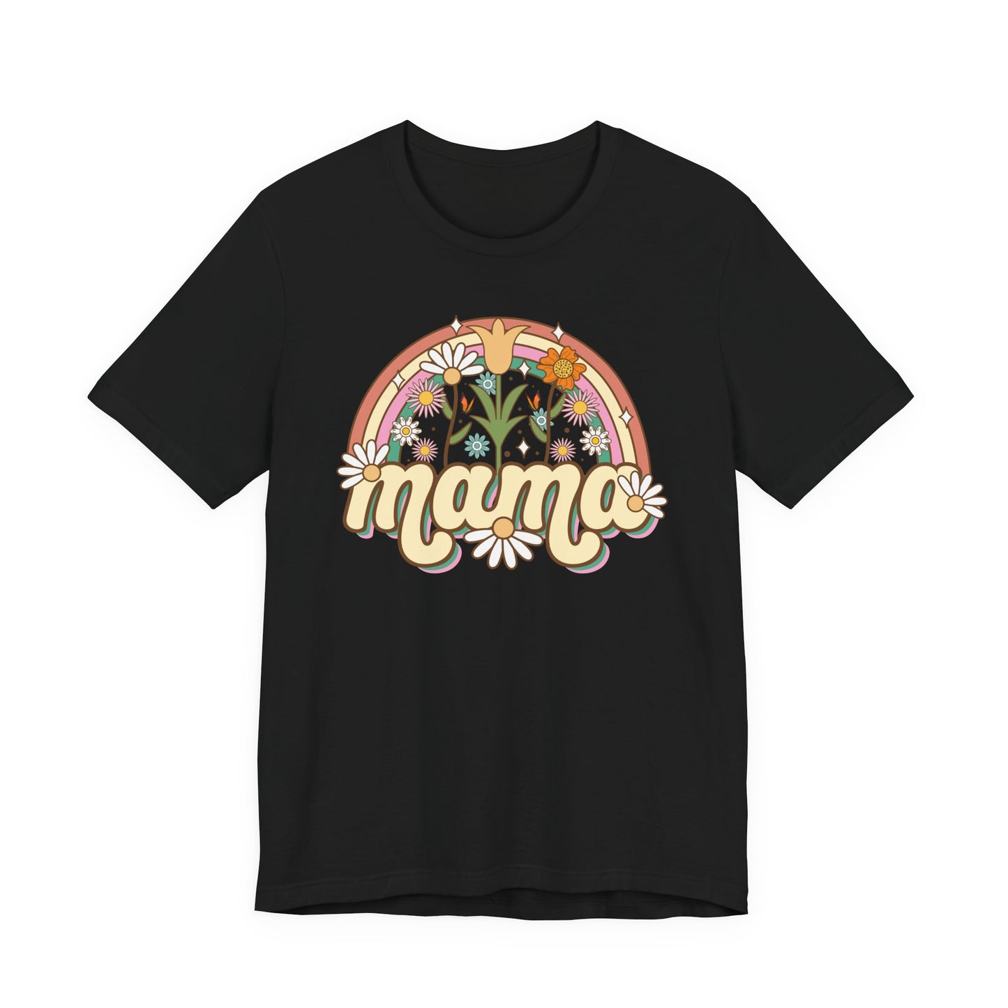 🌼🌈 Retro Floral Mama T-Shirt – Boho Rainbow Graphic Tee for Moms 🌻✨