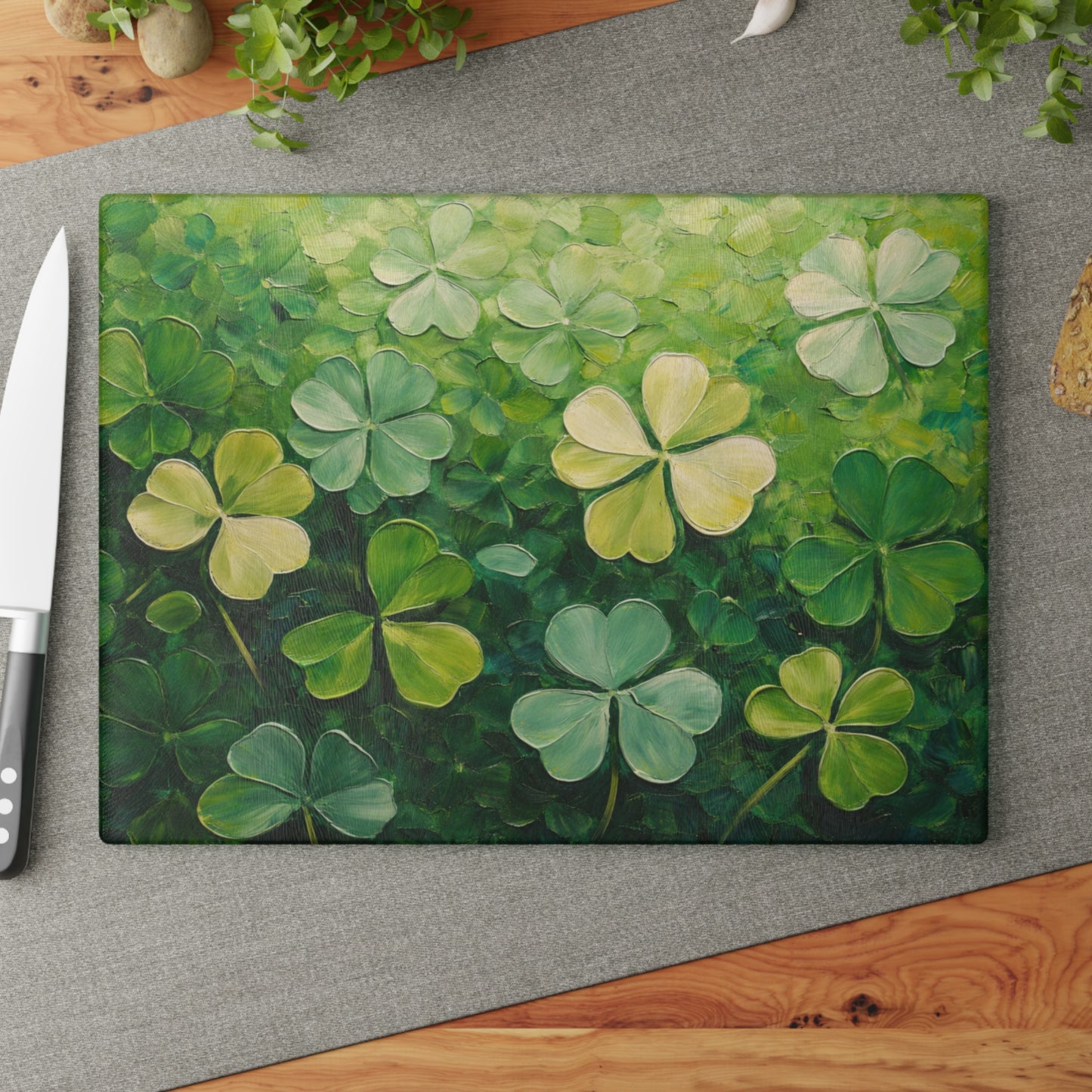Shamrock Meadow Glass Cutting Board – Painterly Green Clover Kitchen Accent