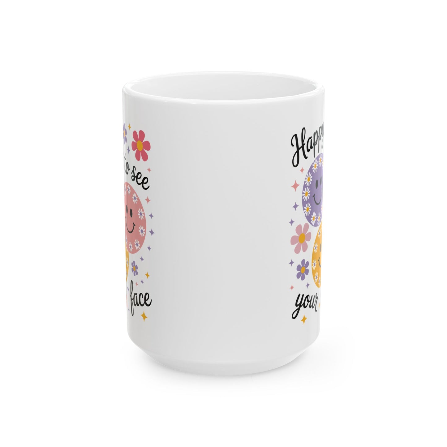 🌸😊 Happy to See Your Face Mug – Retro Smiley Flower Coffee Cup ☕🌼