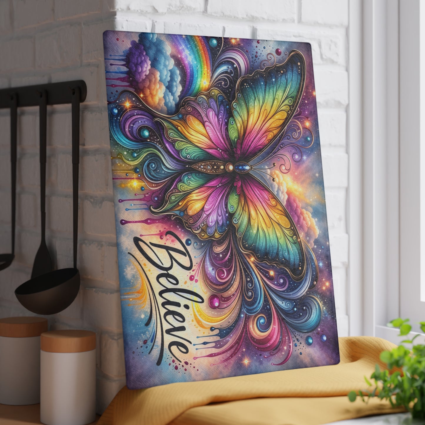 Believe Butterfly Glass Cutting Board – Rainbow Butterfly Inspirational Kitchen Art