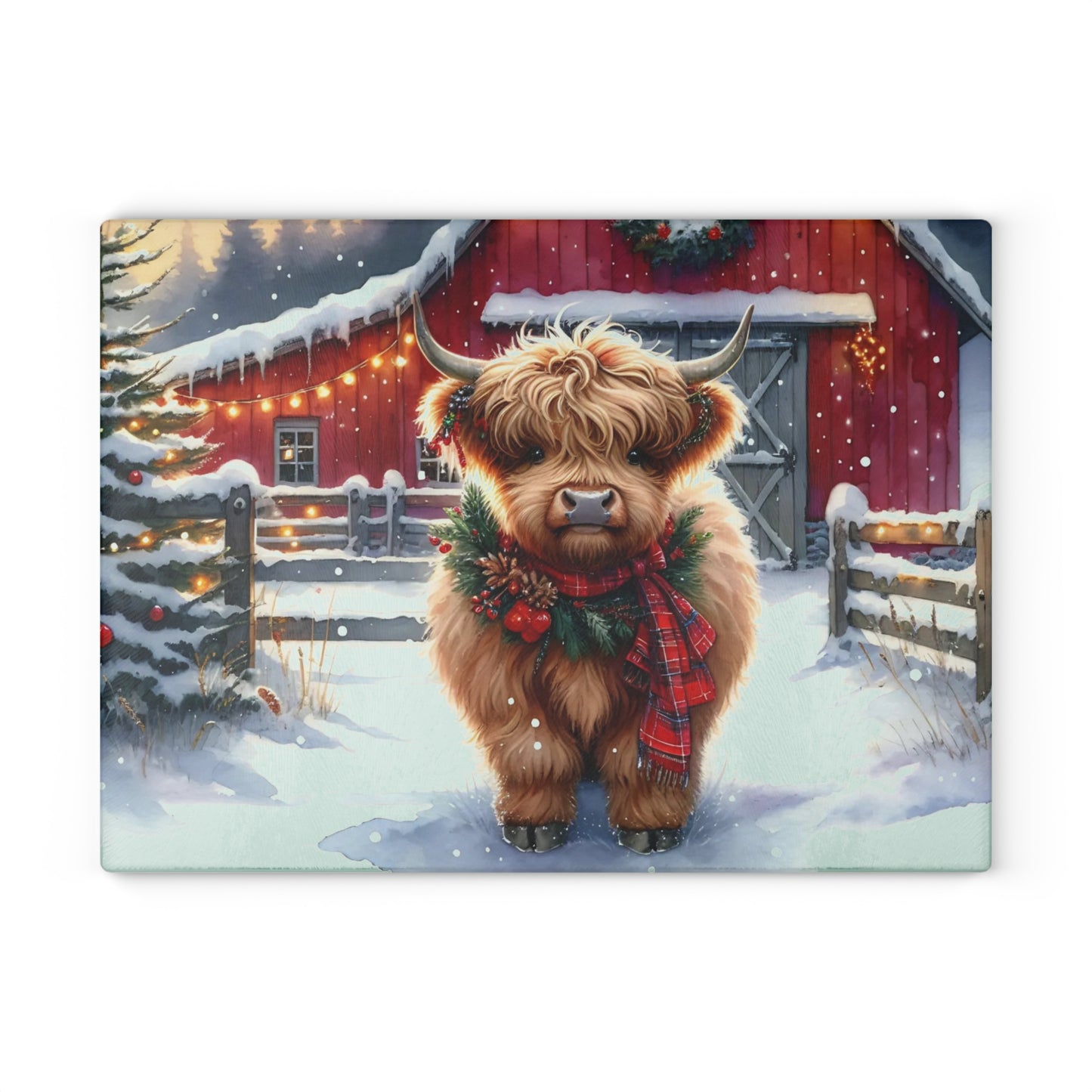 🐮❄️ “Cozy Highland Holiday Cow” Glass Cutting Board – Winter Charm for Your Kitchen