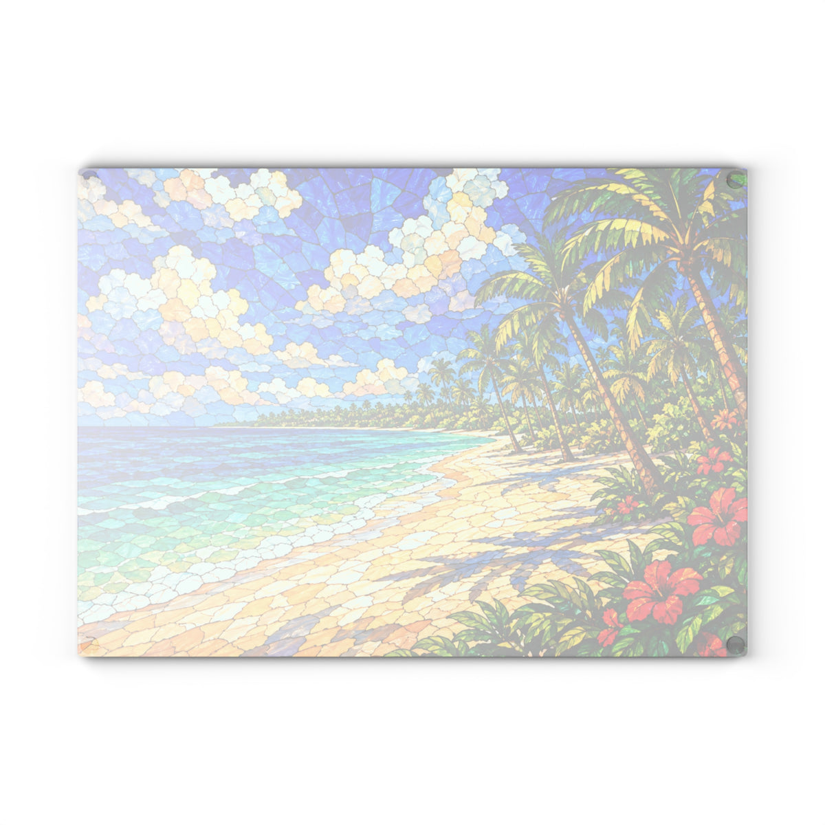 Tropical Paradise Stained-Glass-Inspired Glass Cutting Board – Palm Tree Beach Kitchen Decor
