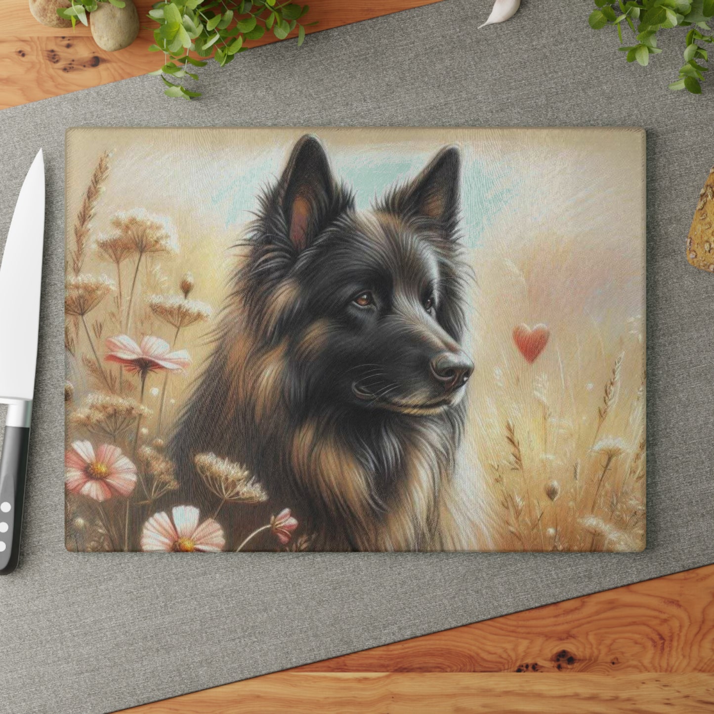🐾 German Shepherd Meadow Cutting Board – Romantic Pet Tribute with Soft Florals & Golden Light 🌸❤️
