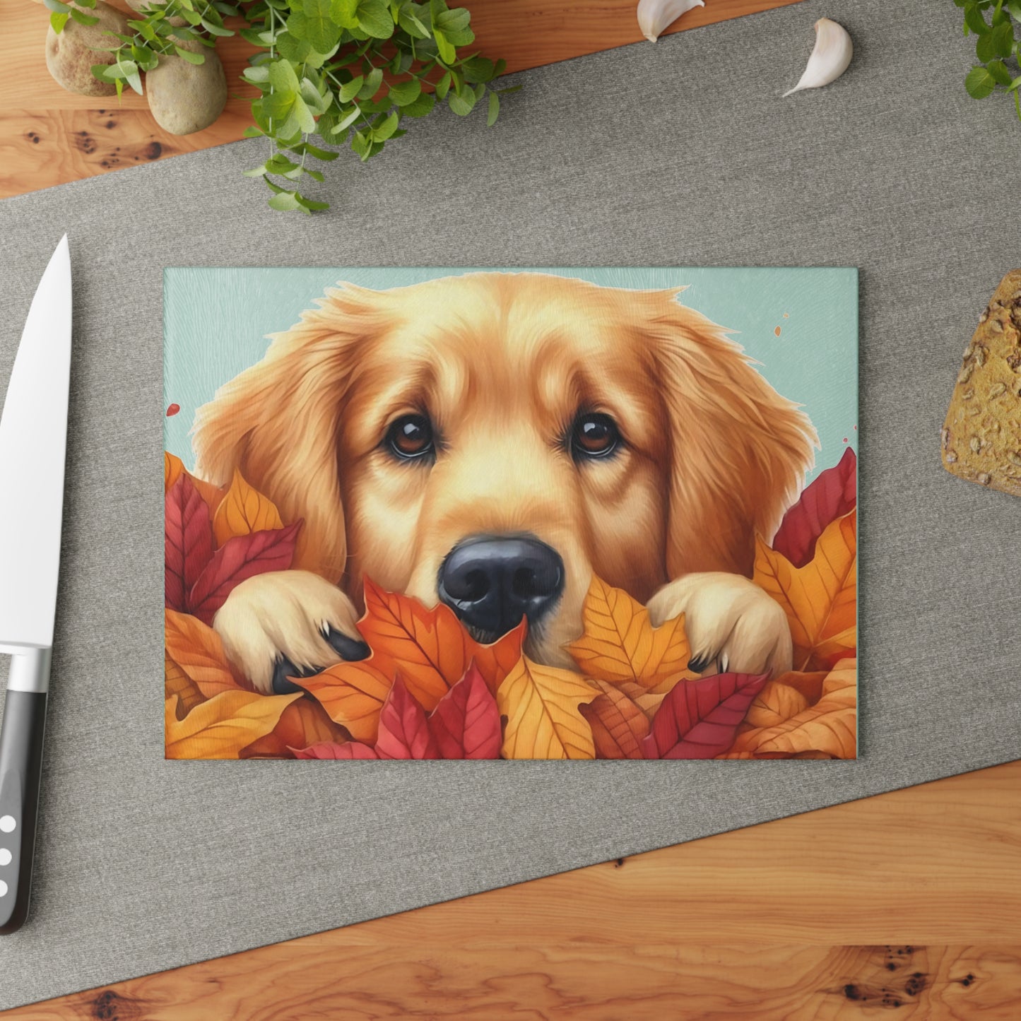 🍂🐾 Golden Retriever Autumn Leaves Cutting Board – Cozy Fall Kitchen Charm with Puppy Love 🐕🍁