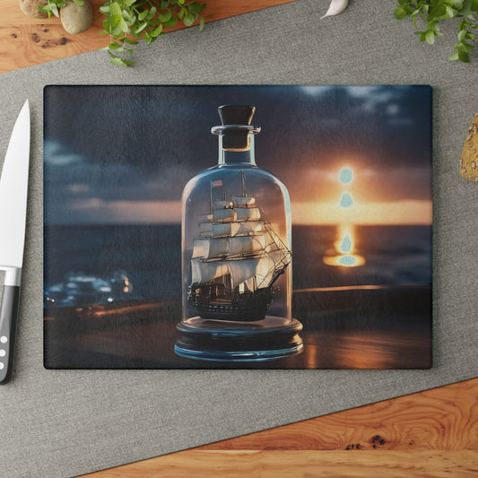 Tabla de cortar de vidrio templado con un barco antiguo en una botella: diseño de atardecer náutico