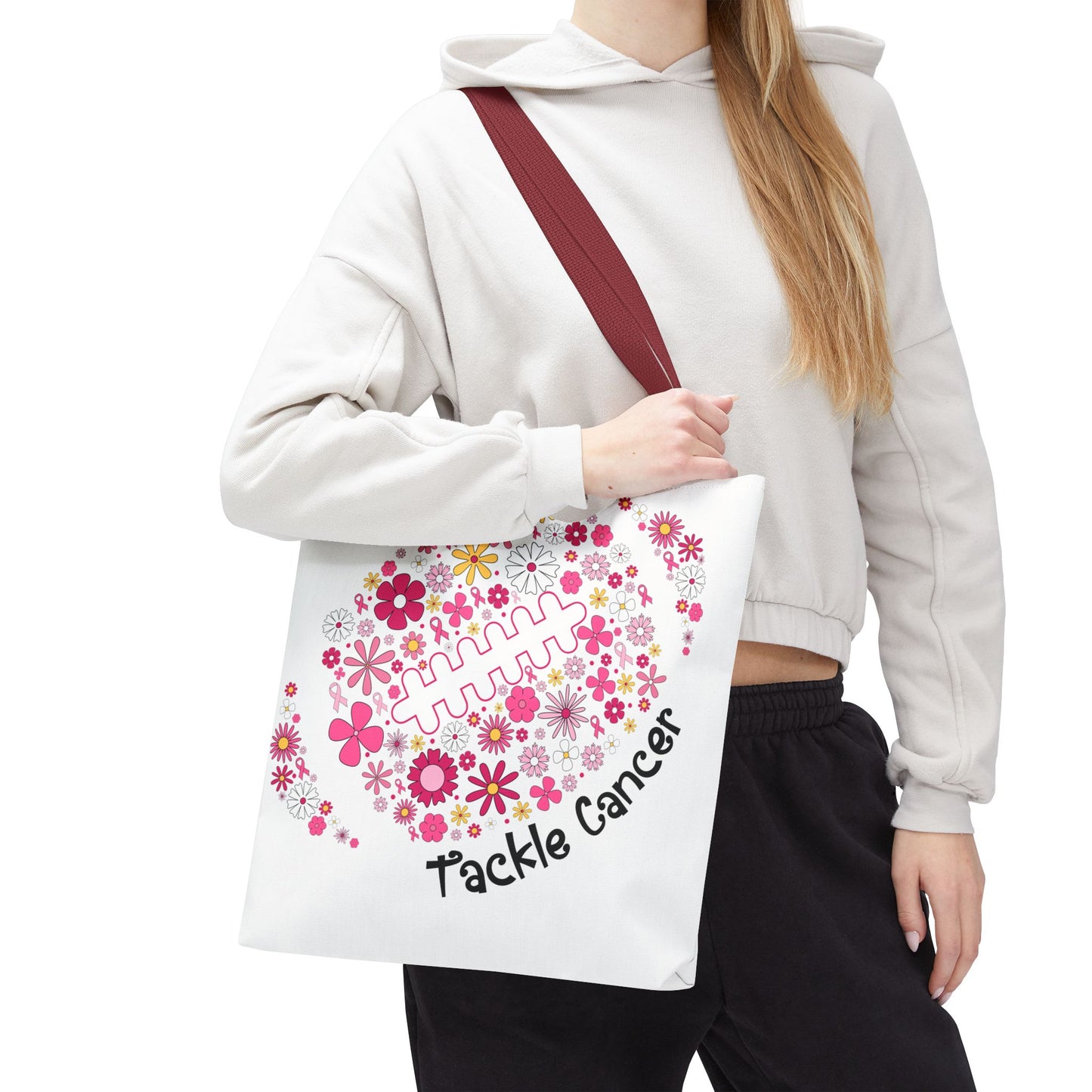 🌸 Pink Floral Football Tote Bag – Game Day Meets Breast Cancer Awareness 🎀👜