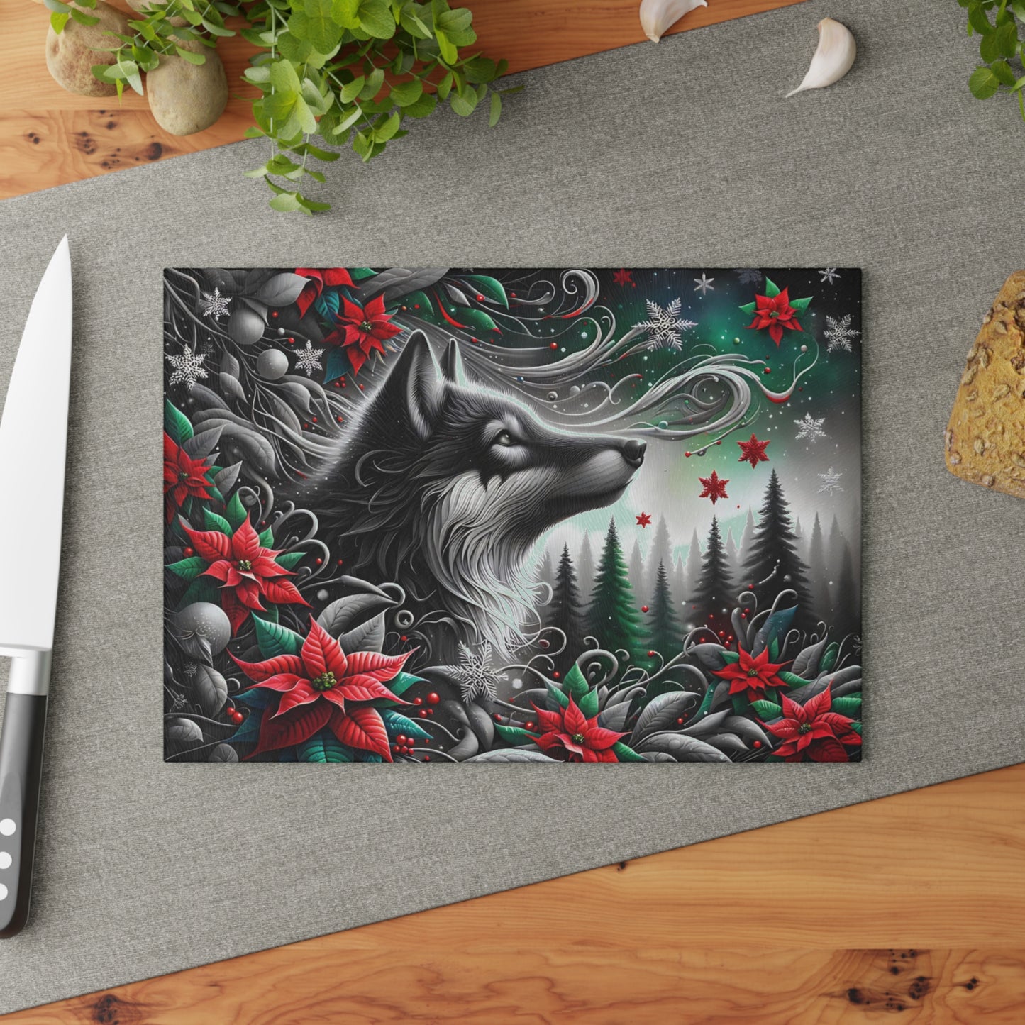 🐺❄️ “Moonlit Winter Wolf” Glass Cutting Board – Bold, Modern Wild Beauty for Your Kitchen