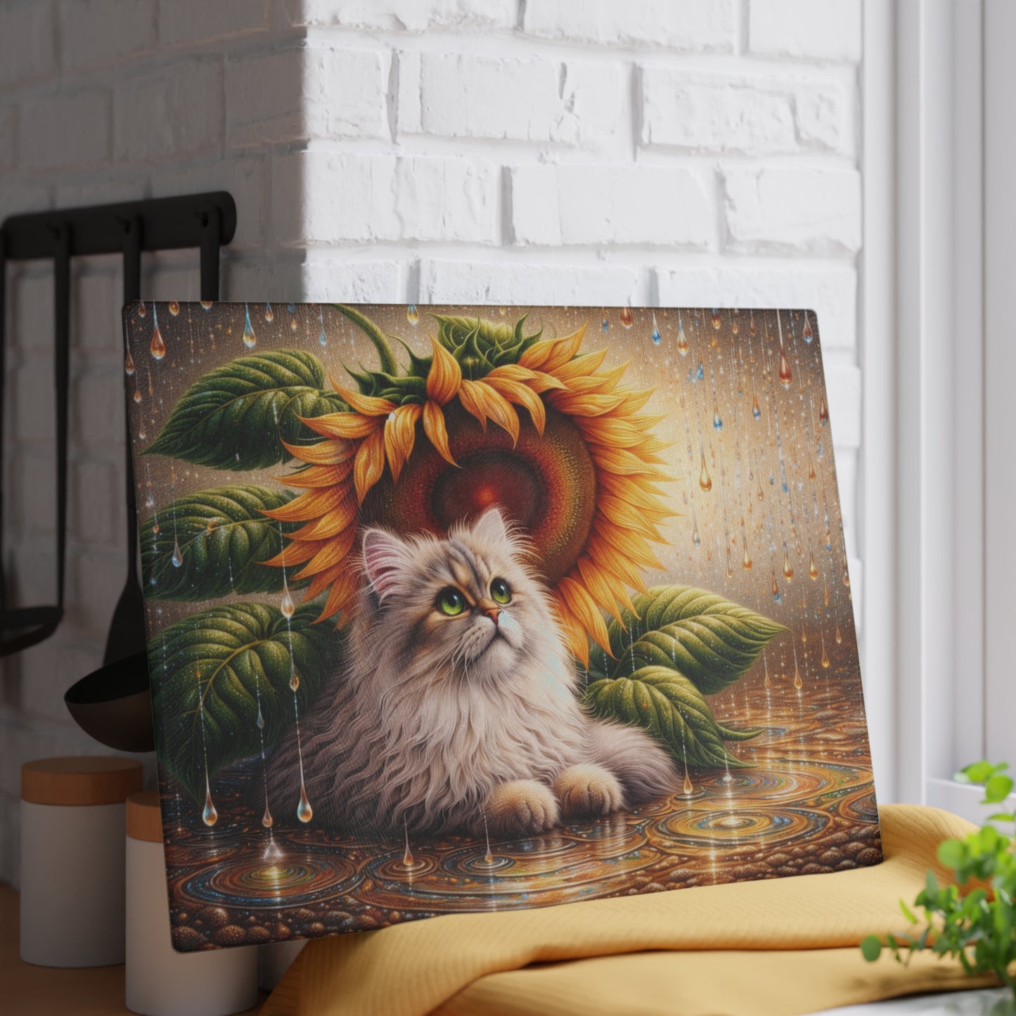 Sunflower Rain Cat Glass Cutting Board – Whimsical Floral Cat Kitchen Art & Display Board