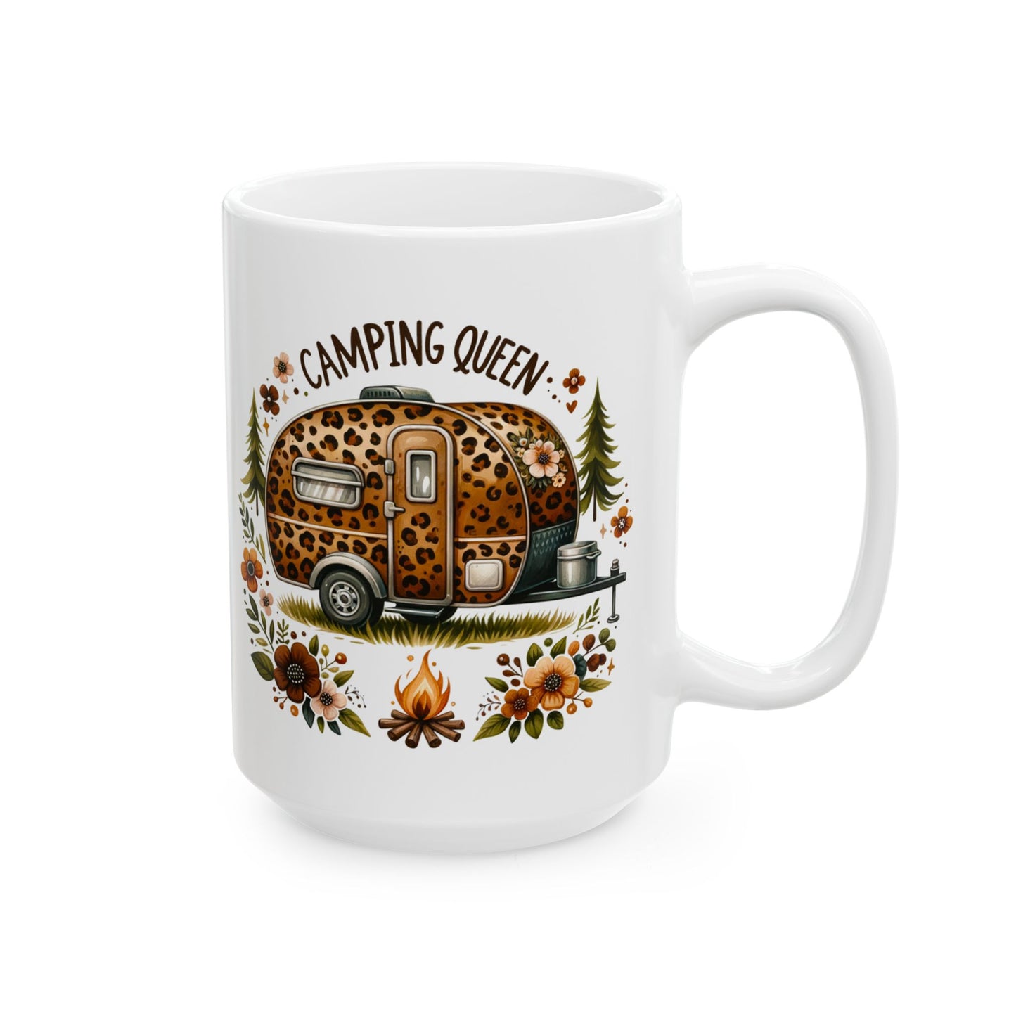 🏕️ Camping Queen – Leopard Print Camper Coffee Mug 🌸