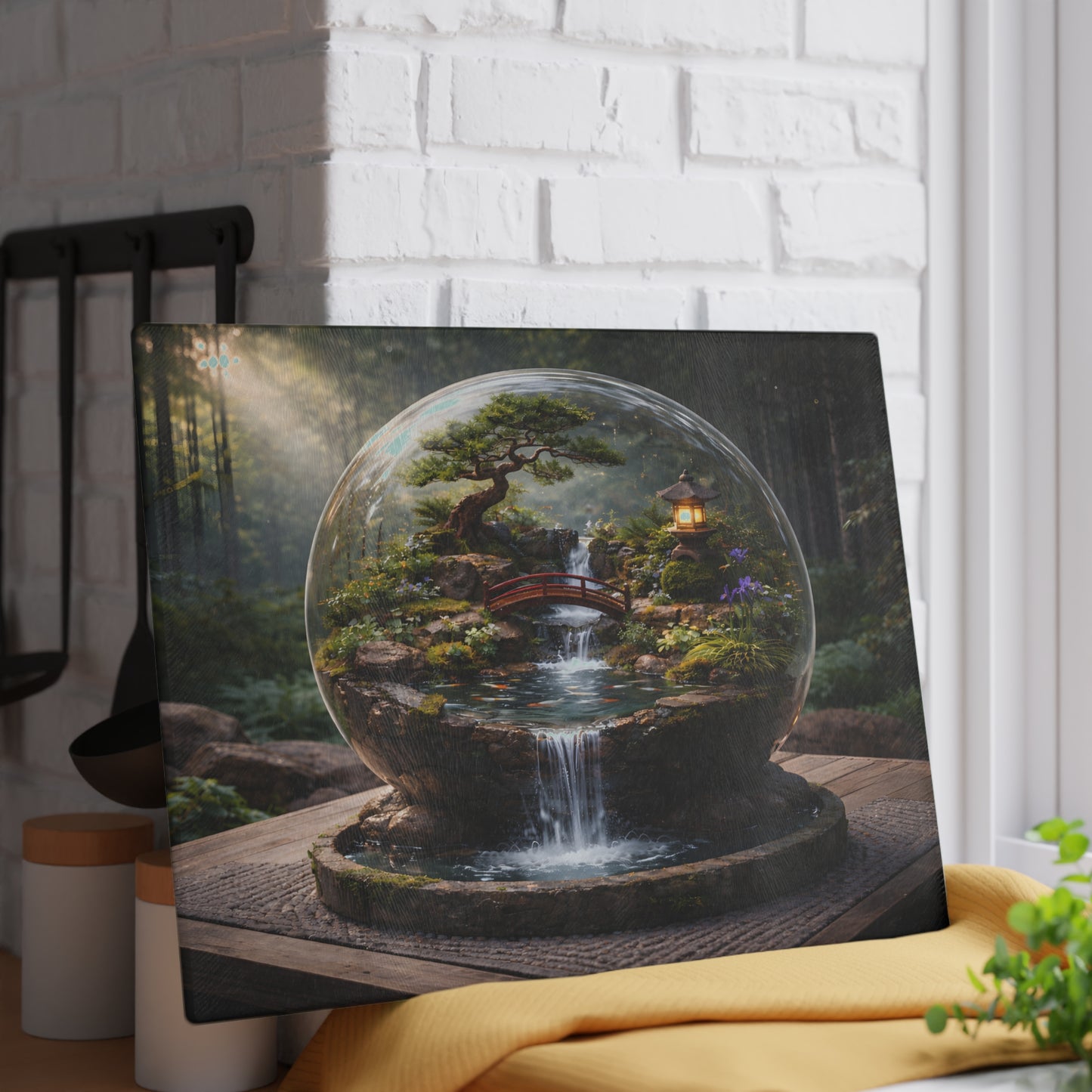 Zen Garden Waterfall Globe Glass Cutting Board – Tranquil Japanese-Inspired Nature Art