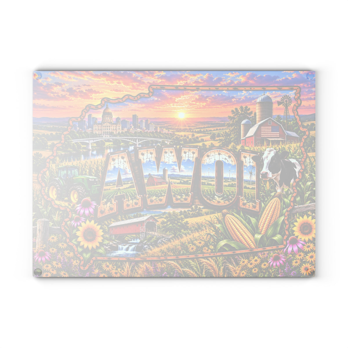 Iowa Glass Cutting Board – Iowa State Map, Farmhouse, Cornfields, Dairy Cow, Tractor & Country Sunset Kitchen Décor