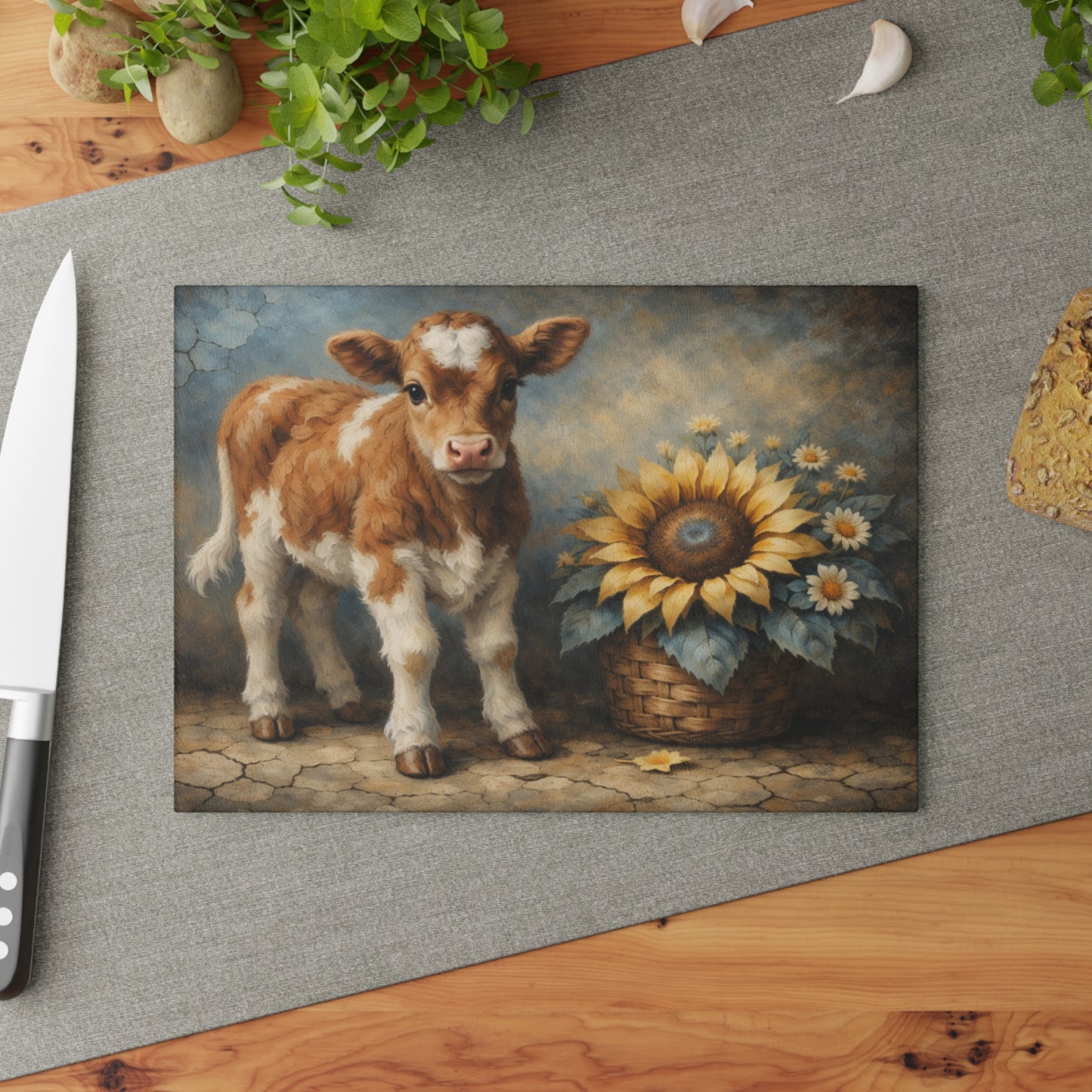 Sunflower Calf Glass Cutting Board – Rustic Farmhouse Kitchen Decor
