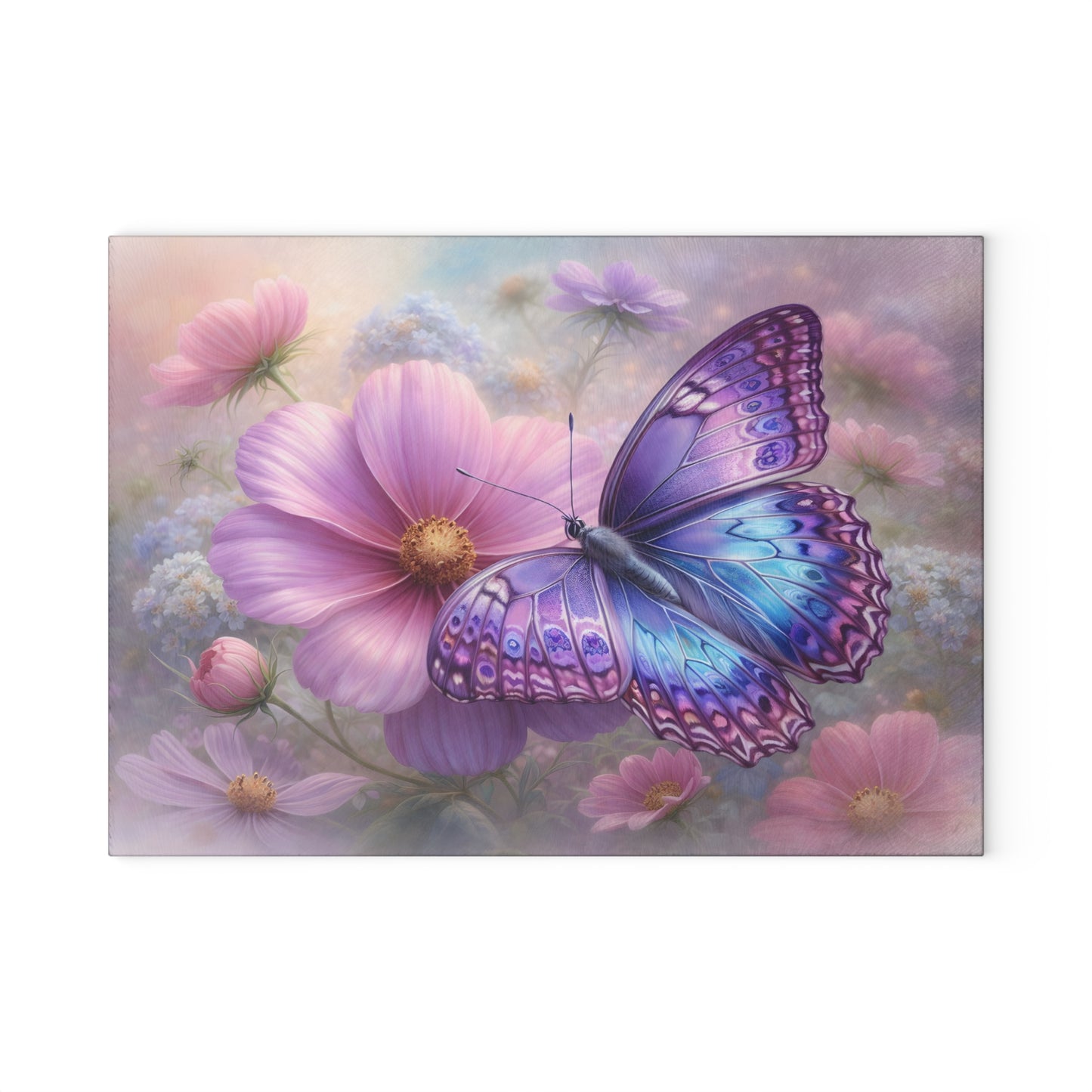 Purple & Blue Butterfly Glass Cutting Board – Dreamy Cosmos Floral Butterfly Art